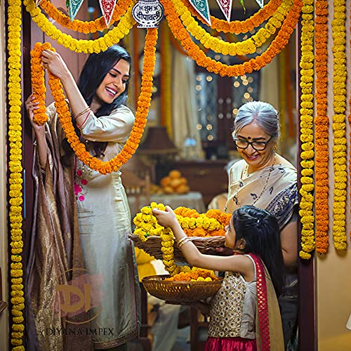 Image of DIYANA IMPEX Marigold Garland for Decoration 5 Pcs of 5 feet Long Strands Artificial Marigold Flowers, Indian Decor for Pooja, Wedding Christmas, Party Events Decorations (Mango + Orange)