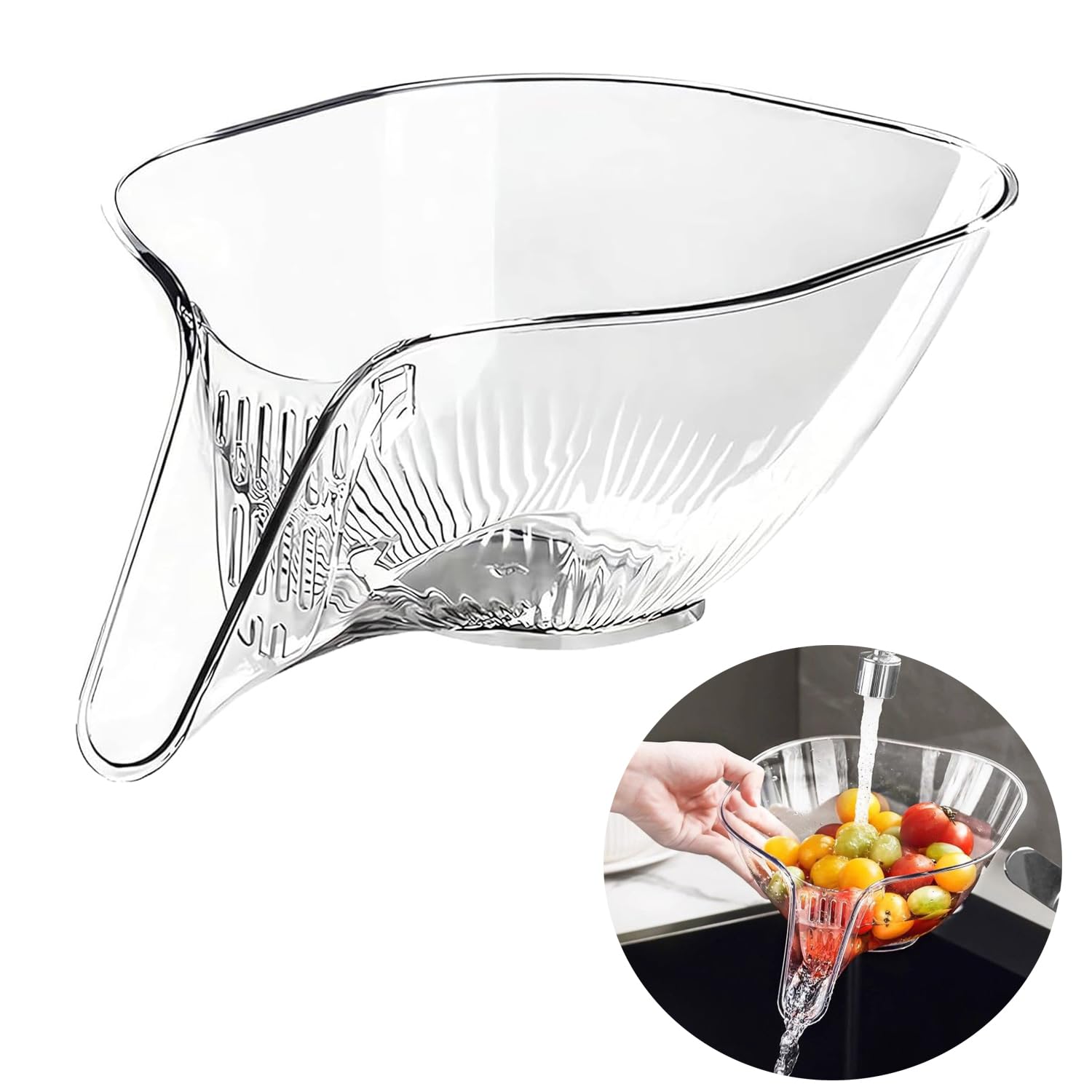 Multi-functional Drain Basket,Fruit Strainer Basket Drain Bowl with Funnel,Kitchen Sink Food Catcher Drainer Fruit Rinser Vegetable Washing Filter Bowl over the Sink Colander (Transparent)