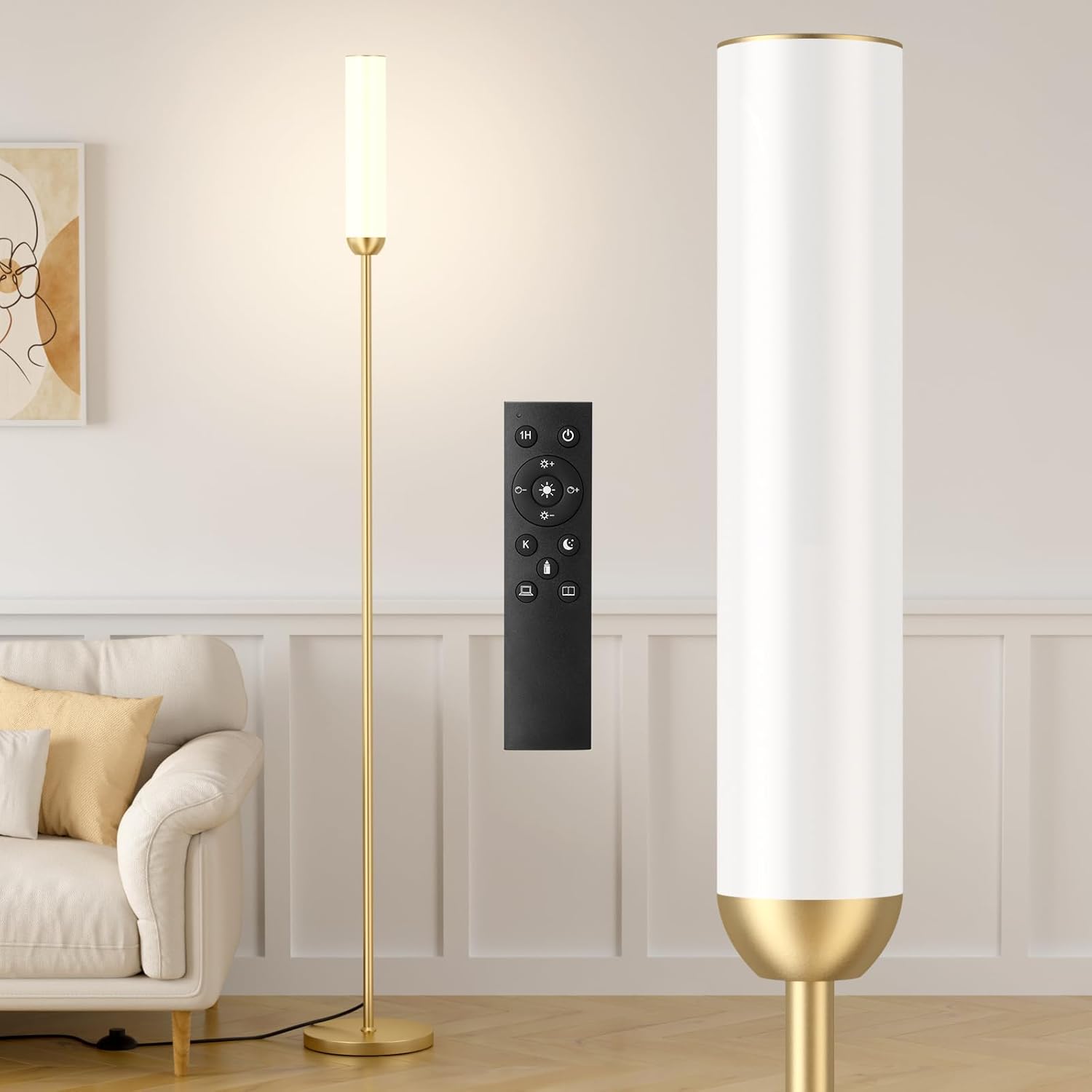 LED Floor Lamp with Remote Control, 65" Standing lamp with Stepless Adjustable 3000K-6500K Colors & 5%-100% Brightness, Foot Switch(Gold) Gold 65 inches