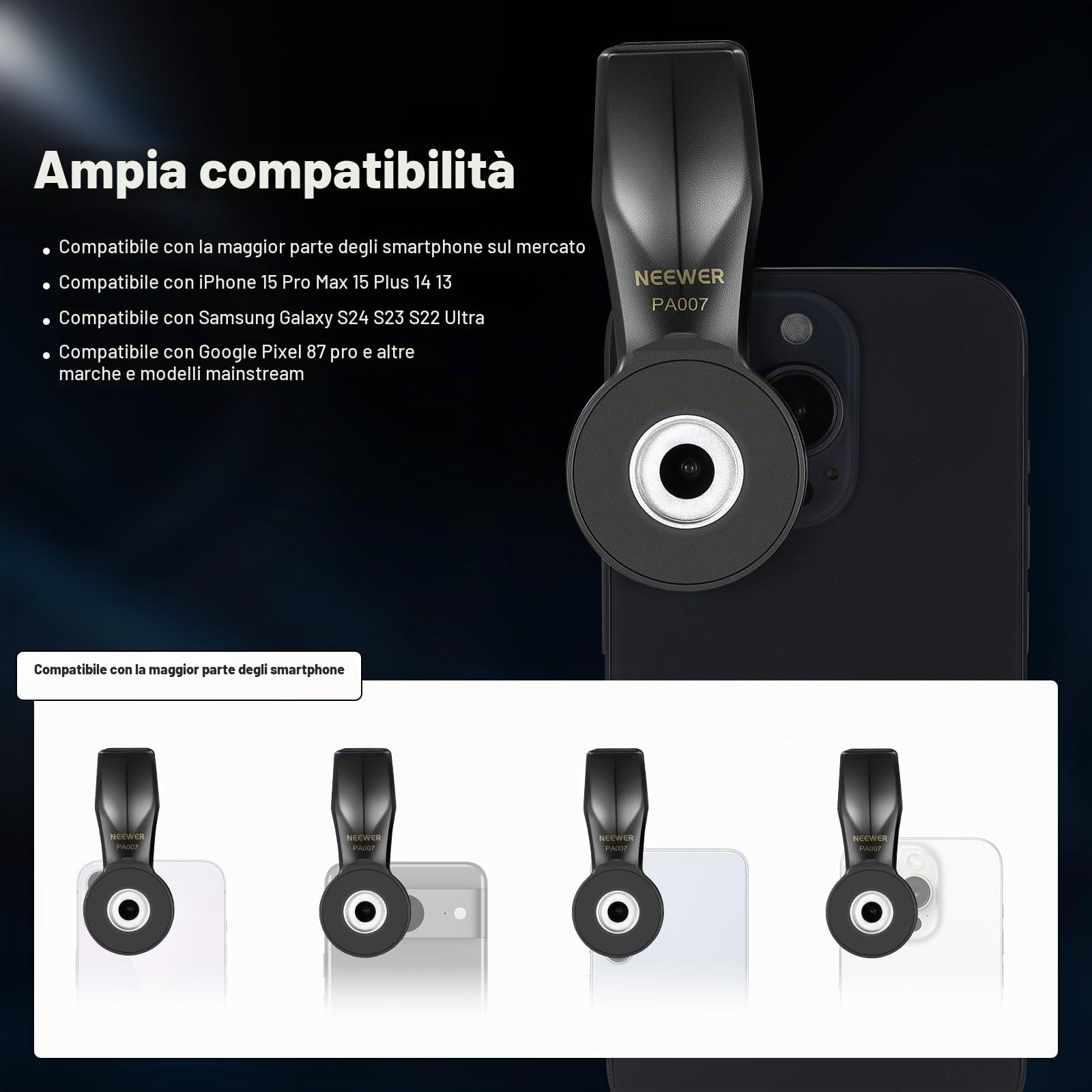 NEEWER Morsetto Universale per Telefono per Lente Filettata 17mm, PA007 | Attacco/Adattatore per Lente,Compatibile con iPhone 17,16,15 Pro Max,15 Plus,14,Samsung Galaxy S26,S25,S24Ultra,Google Pixel