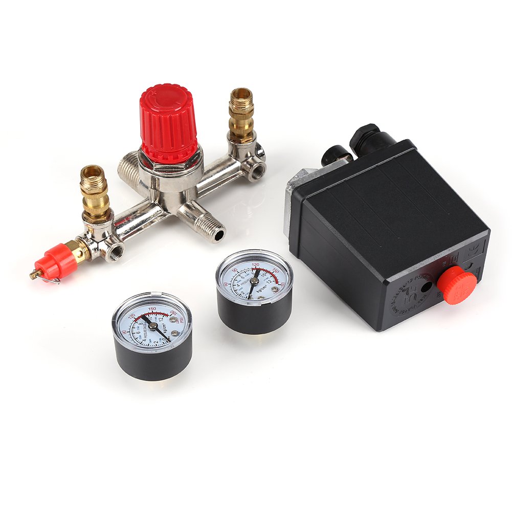 Kit Valvola Pressione Compressore Aria 90-120 PSI - Con Interruttore, 2 Manometri, Per Compressori Verticali, Uscita Aria