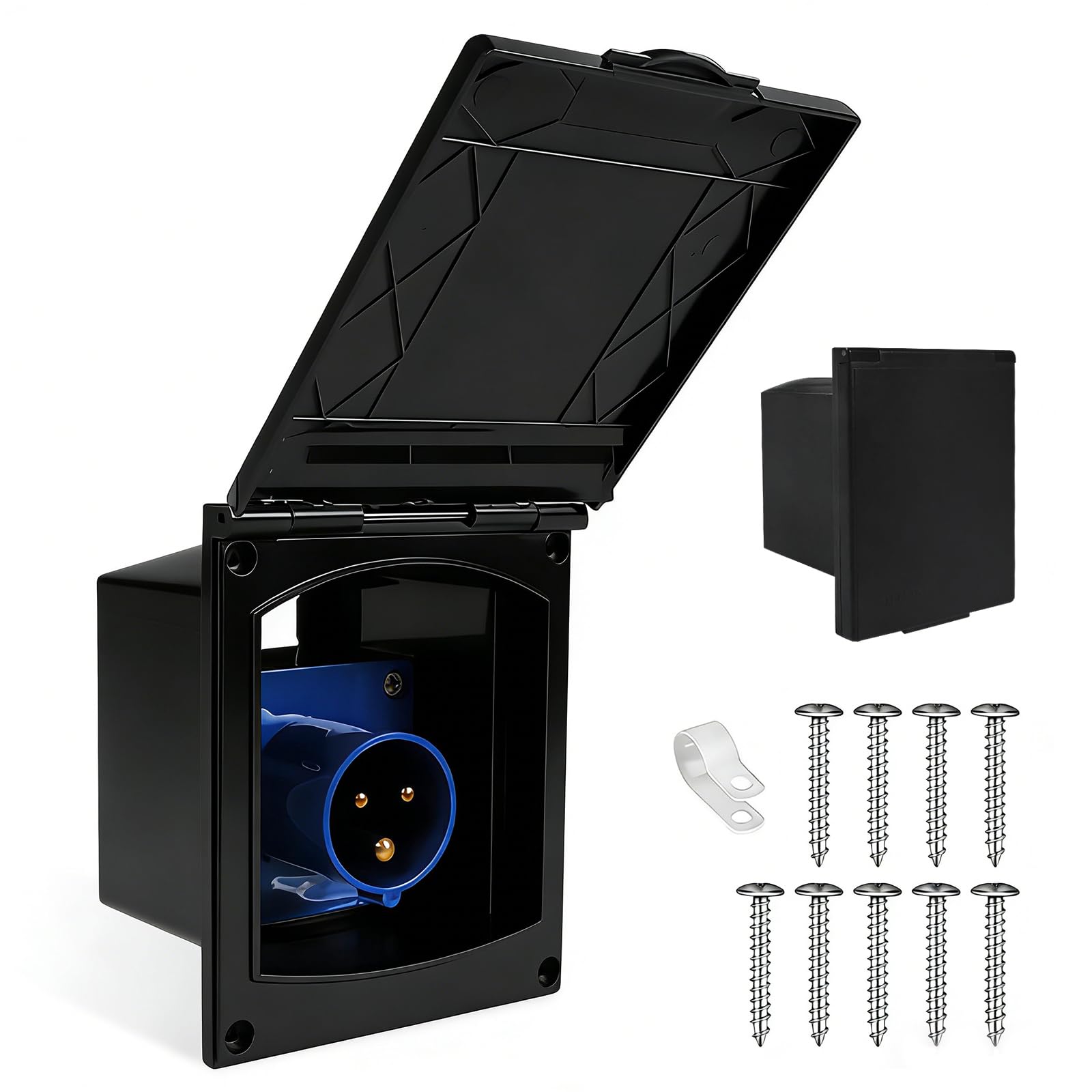 BORDEAG Presa CEE, presa di alimentazione da campeggio, 16 A, IP44, 220 V-240 V, con coperchio ribaltabile, spina di collegamento, roulotte, presa esterna per camper, roulotte, rimorchi