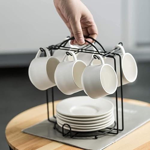 Miniatura 4 de YHOSSEUN Tazas de café expreso con platillos y soporte de metal, juego de 6 tazas de capuchino de 4 onzas, taza de té para fiesta de té, color blanco