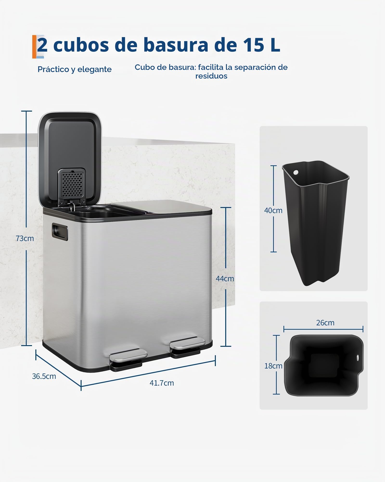 Acekool Cubo de Basura Doble 30L Acero Inoxidable con Pedal Sin Contacto | Tapa soft‑close y recipientes internos fáciles de retirar.