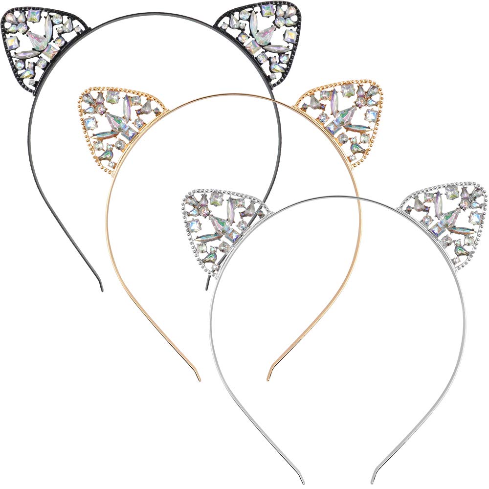 NODG 3 Pieces Crystal Cat Ears Headbands Rhinestone Cat Ear Tiaras for Women Crystal Hair Hoop Women Girls Kids Party Decoration Headdress Cosplay Costume Head wear