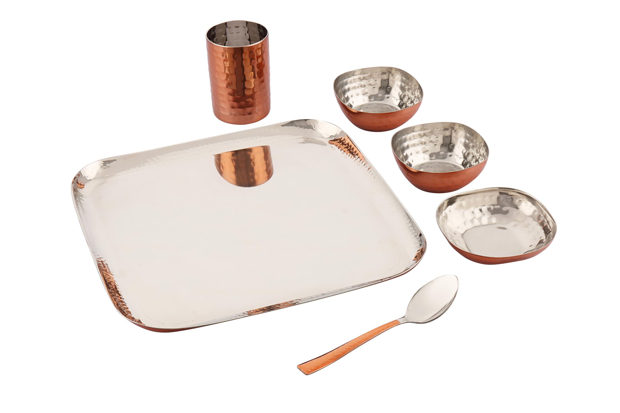 Silverglow Hammered Square Stainless Steel Copper Dinner Set of 6,thali Set of 6 Pieces, Durable, Gift for Anniversary, Wedding, Diwali, Hotel thali Set