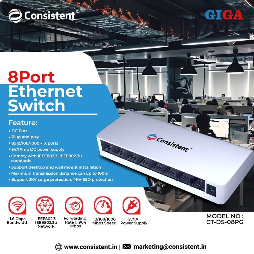 Image of Consistent 8-Port Gigabit Network Switch (CT-DS-08PG) - Full 1000Mbps Speed, Plug-and-Play Ethernet Splitter, Auto-Negotiation Ports, Energy-Efficient Design for Gaming & CCTV