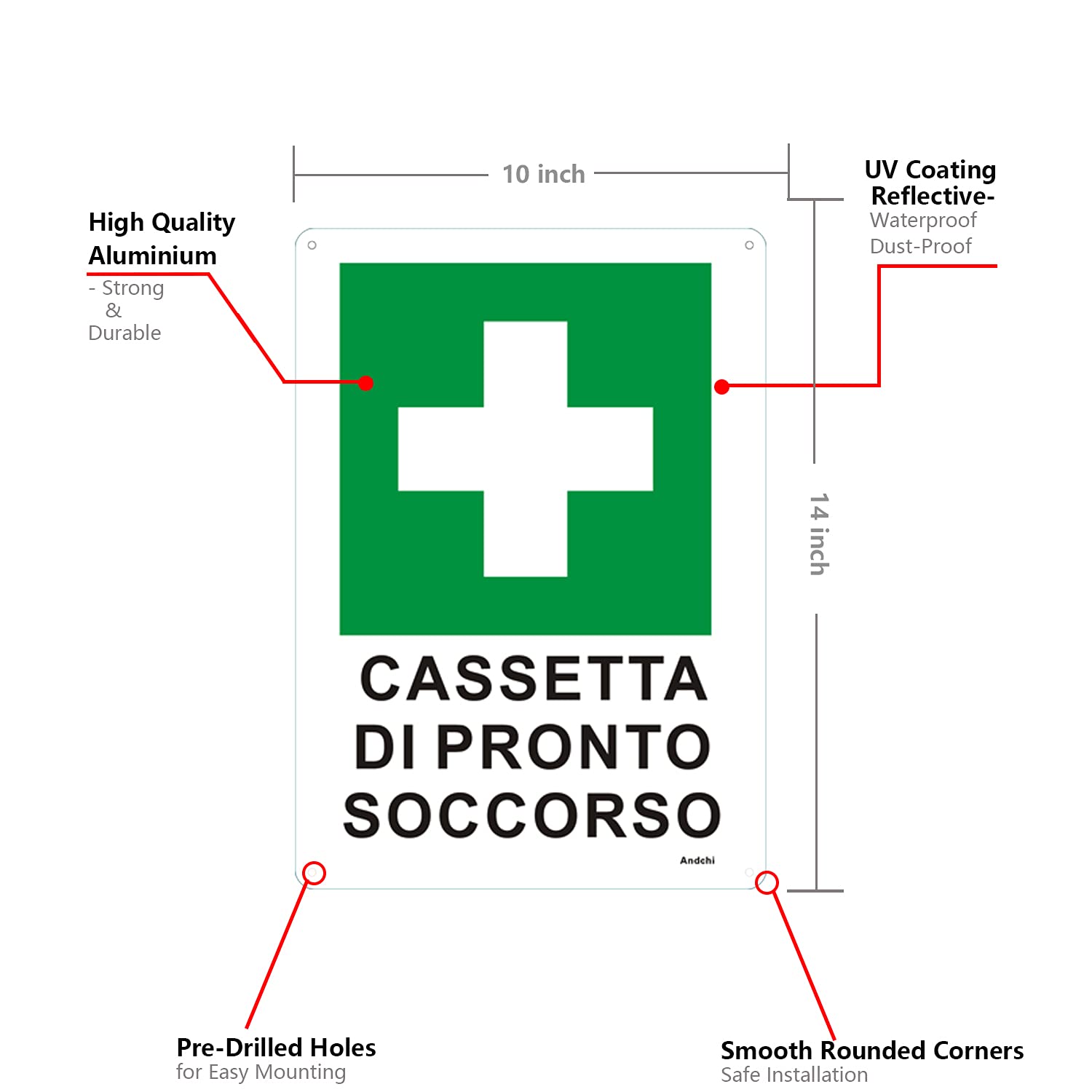 Andchi 2-pezzi Cartello in Alluminio Emergenza Sicurezza Avvertenza Segnale di Pronto Soccorso Segnale di Sicurezza Cassetta di Pronto Soccorso - 25x35 cm