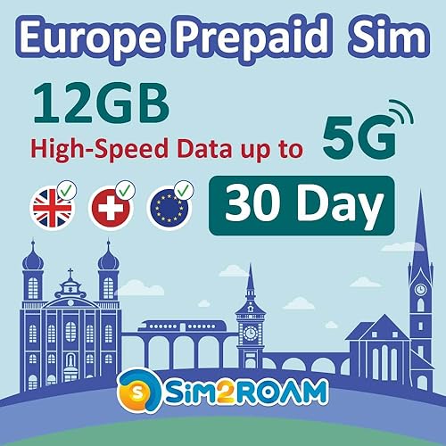 Europe Prepaid SIM Card | 30 Day Use | 12GB of 5G/4G Speed Data | Unlimited Calls & SMS | Use in The UK, Switzerland & 30+ EU Countries | Plug & Go - NO Activation Needed!
