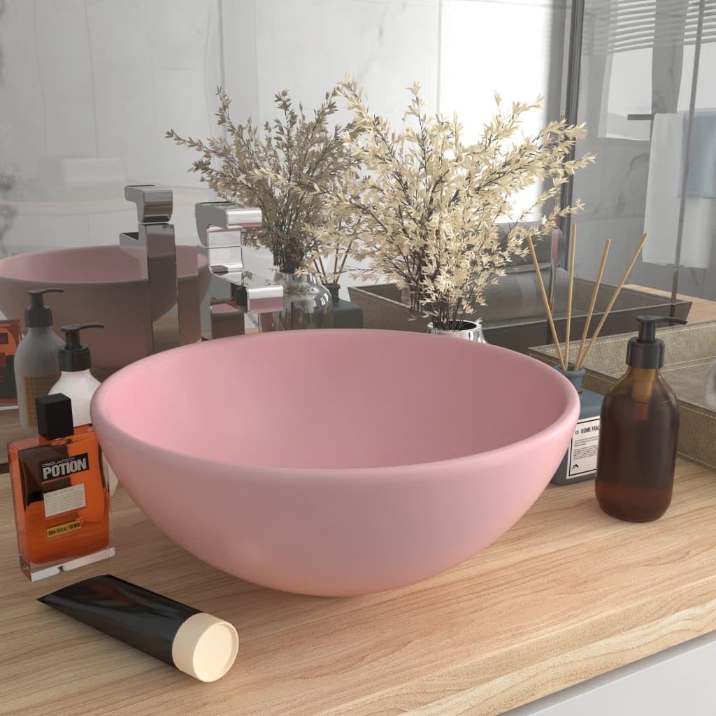 vidaXL Lavabo Rond de Luxe de Salle de Bain Vasque à Poser de Toilette Lave-mains Salle Cosmétique Intérieur Rose Mat 32,5x14 cm Céramique