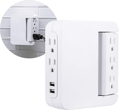 GE Protector SurGE giratorio Pro de acceso lateral, extensor de 5 salidas con 2 puertos USB, adaptador de grifo de pared, estación de carga, 3