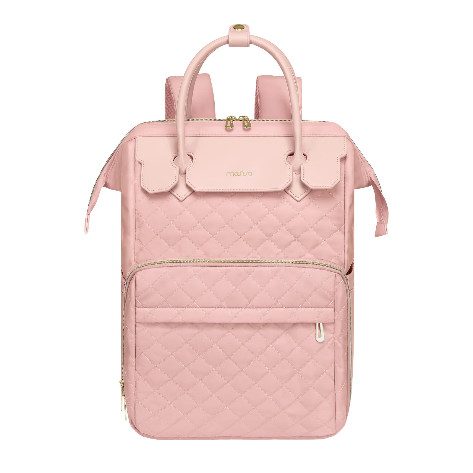 MOSISO Laptop Backpack for Women Men, 15-15.6 inch Rhombus Quilted Flight Approved Travel Backpack with PU Handle, 16 inch Carry on Daypack with USB Port for College Work Business, Pink