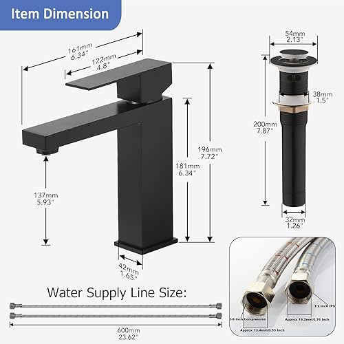 Miniatura 8 de Phiestina, BF3530-MB - Grifo de baño de un solo orificio negro mate para lavabo, 1 orificio con drenaje de metal con desbordamiento y línea de
