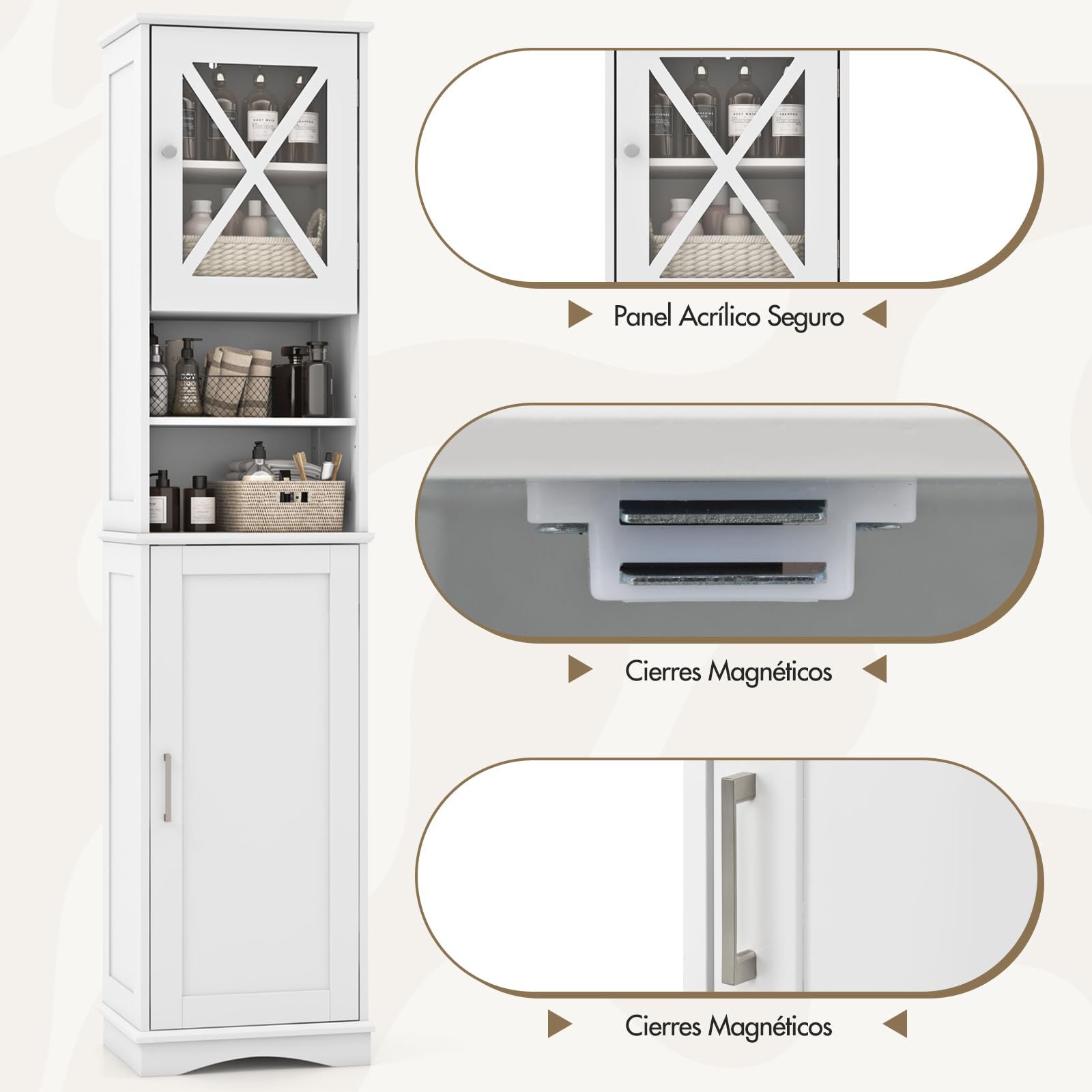GOPLUS Armario de Baño Alto de 170,5 CM, Armario de Almacenamiento de Pie con Puerta de Acrílico y Estantes Ajustables, 2 Compartimentos Abiertos, Organizador Estrecho para Baño Cocina Salón (Blanco)