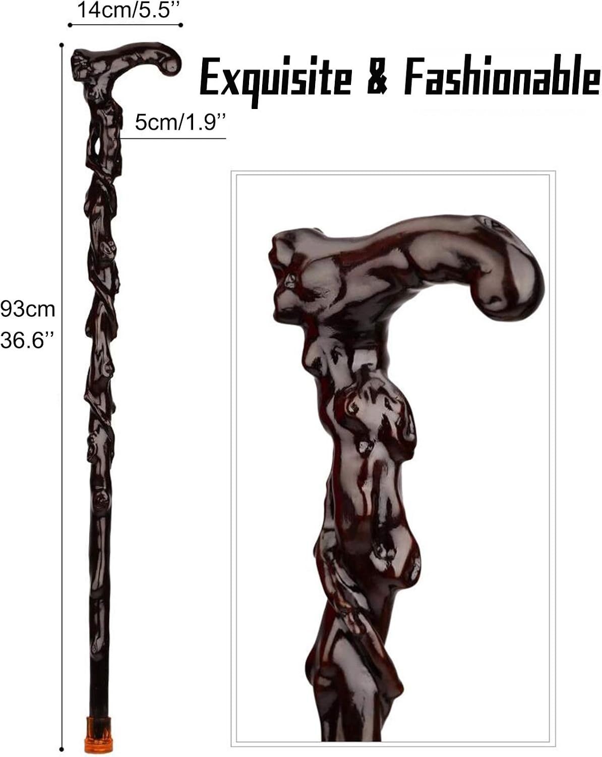 Wooden Walking Cane, Fashionable Crutch for Men and Women, Wood Cane with Carved Grip Handle, Exquisite Carving Walking Sticks as Gift, Retro, Ergonomic, Handmade (Brown2)