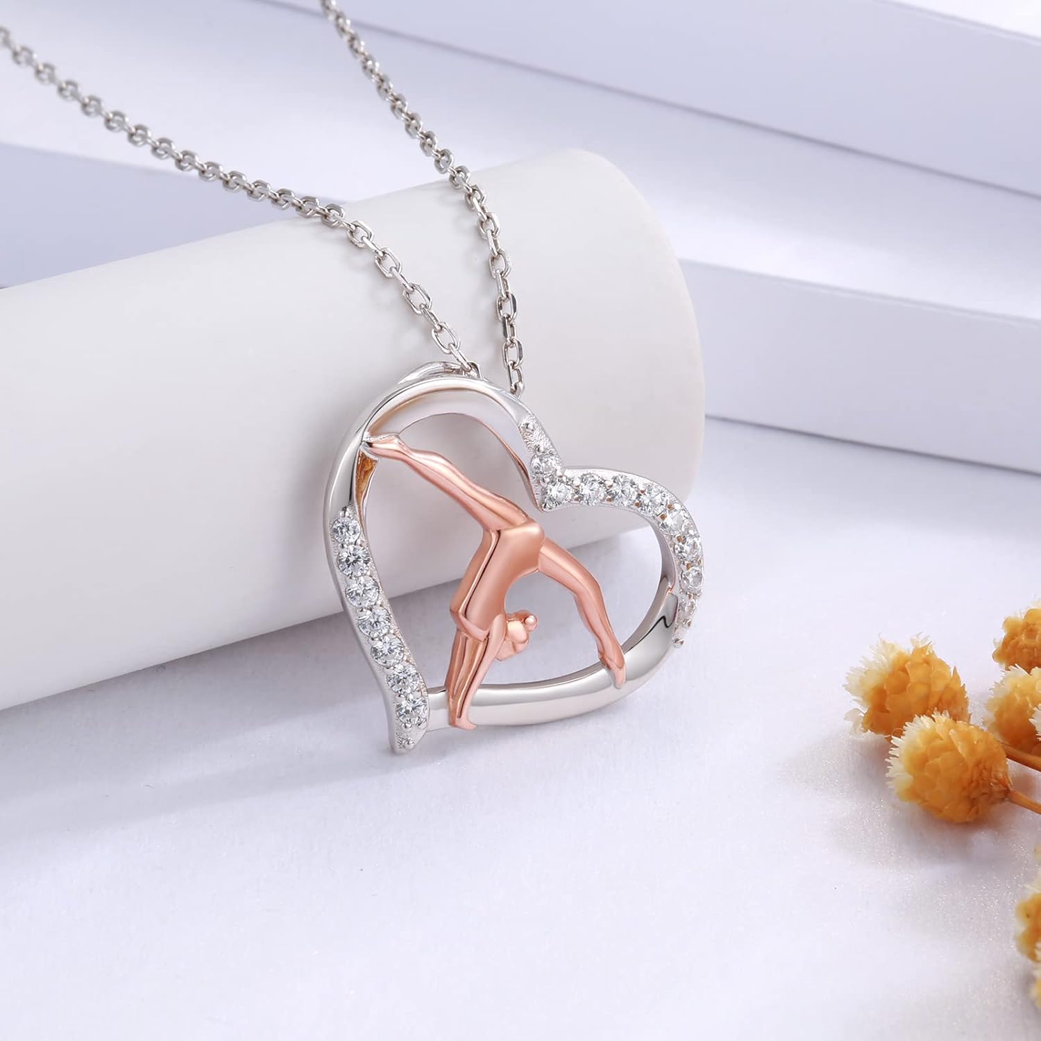 MANBU Sterling Silver Gymnastics Earrings Necklace Gymnast Heart Rose Gold Plated Jewelry Christmas Gymnastics Gifts for Daughter Granddaughter Gymnasts