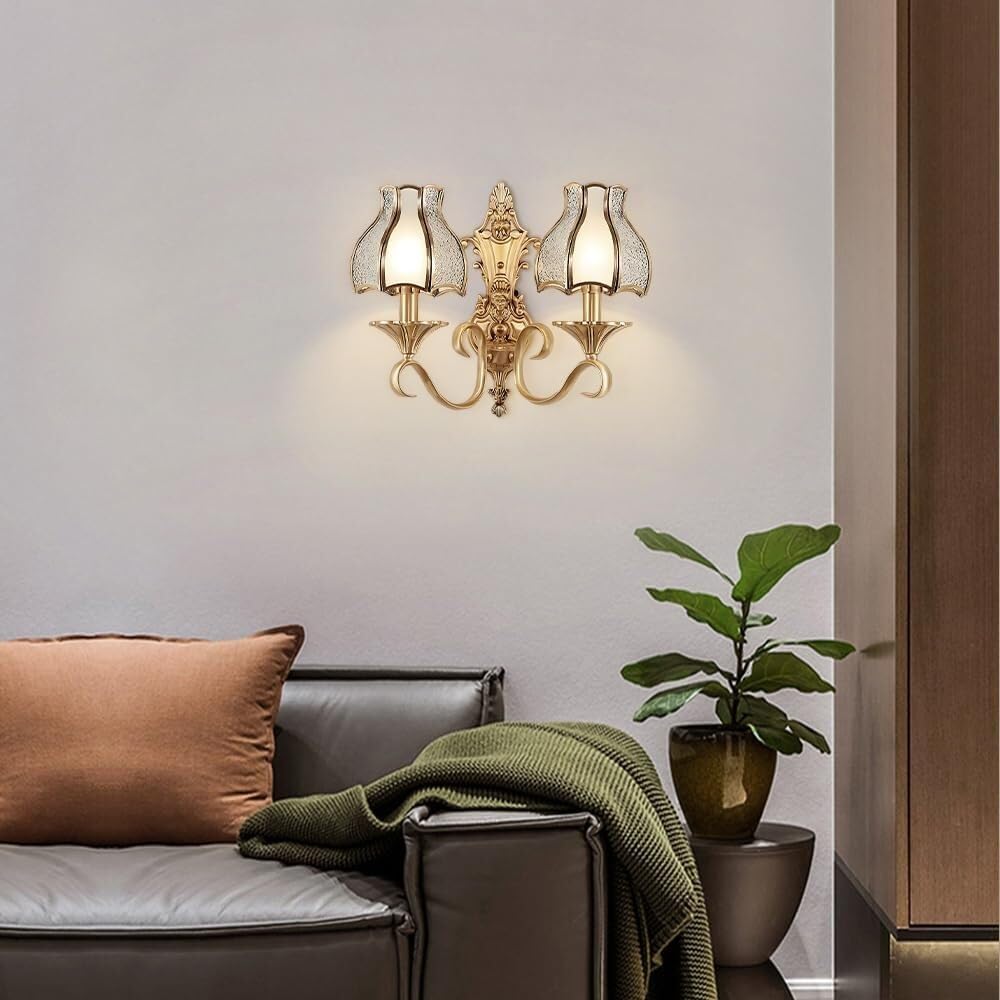 Lampada da Parete in Ottone Anticato, Lampada da Parete Vintage con Paralume in Vetro, Attacco E14, Applique da Parete in Vetro retrò per Camera da Letto, Soggiorno, Studio, Sala da Pranzo, Scale