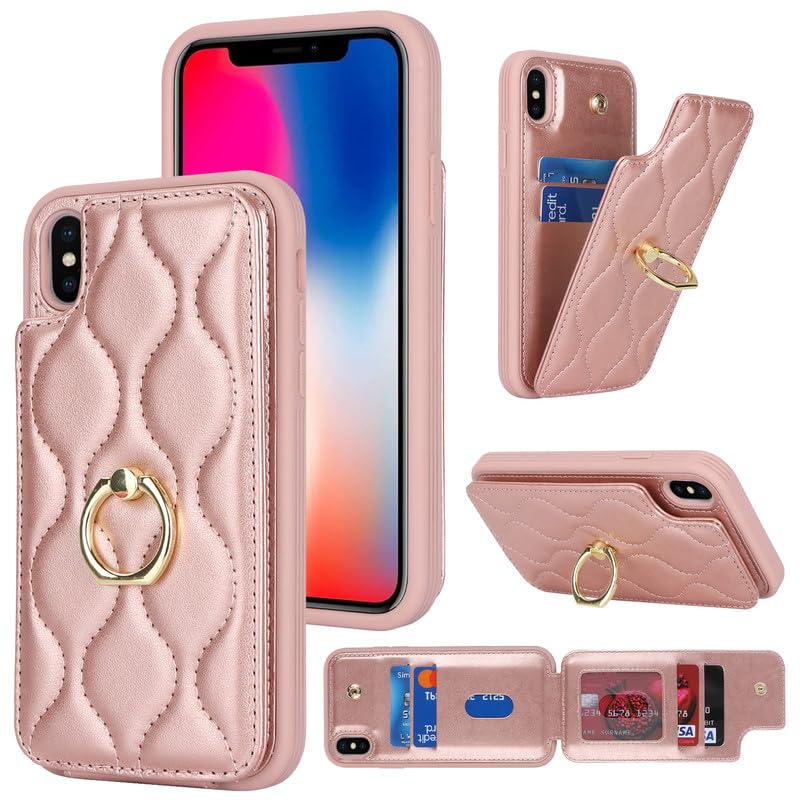 Image of for iPhone X Case with Card Holder,iPhone Xs Wallet Case for Women,Credit Card Holder,Stand Ring Kickstand and RFID Blocking,PU Leather Phone Case for iPhone X /XS 5.8 inch(Rose Gold)
