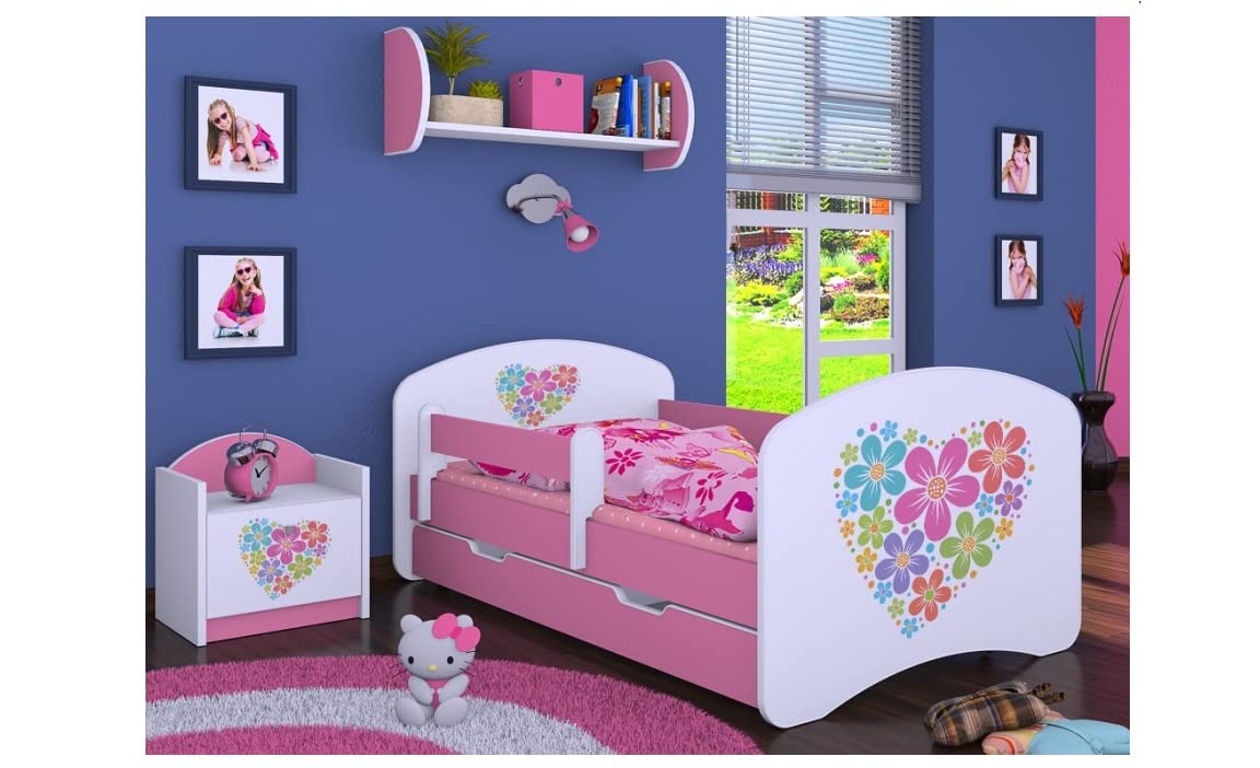 Lit pour Enfant avec Matelas et Tiroir de Lit 190 x 90 cm - Motif Fleurs de cœur Rose