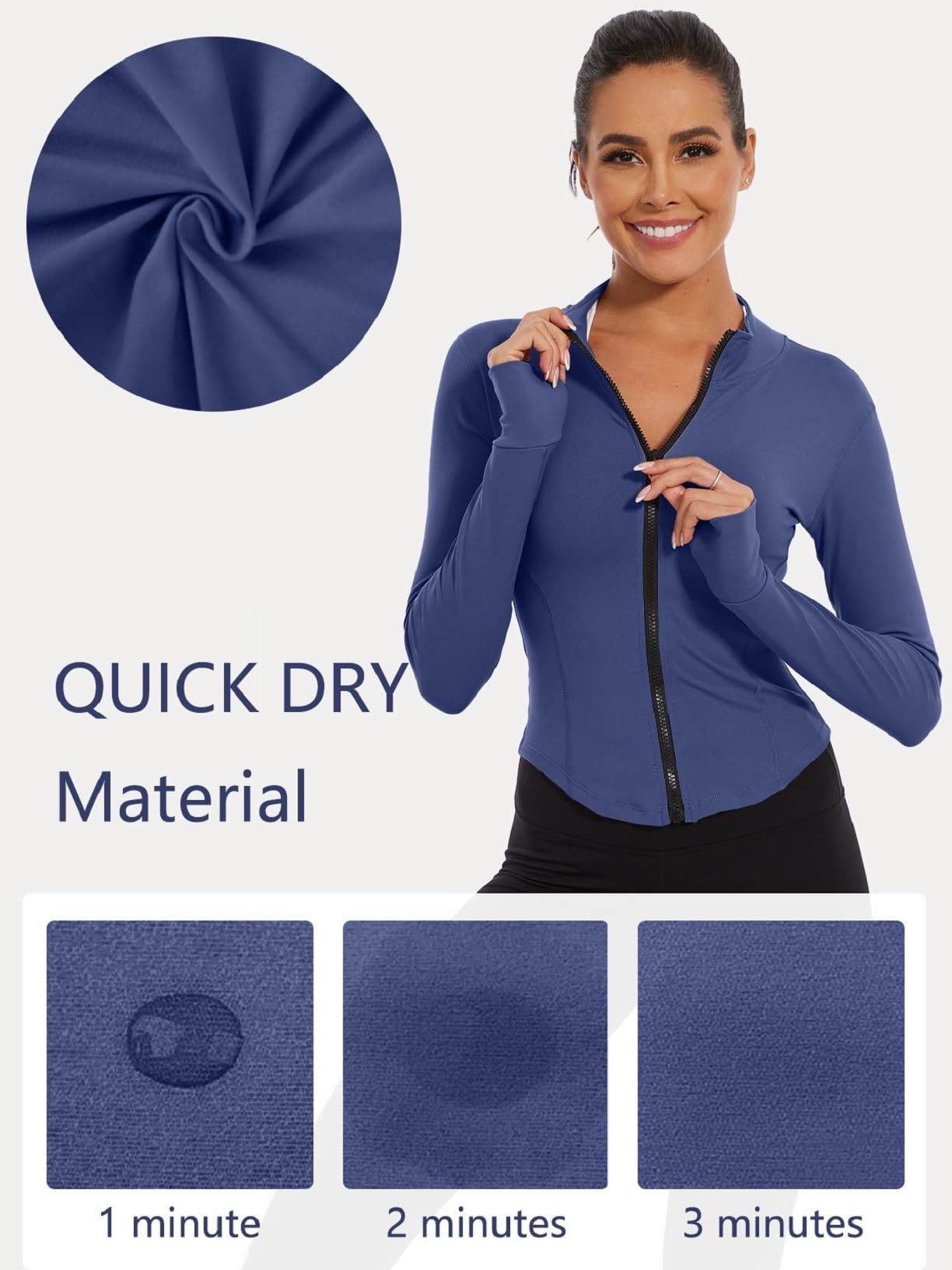 Chaqueta Deportiva para Mujeres Manga Larga Chaqueta de running con Cremallera Completa Chaqueta Corta de Entrenamiento con Orificio para el Pulgar Chaqueta Deportiva de Verano(Azul marino,S)
