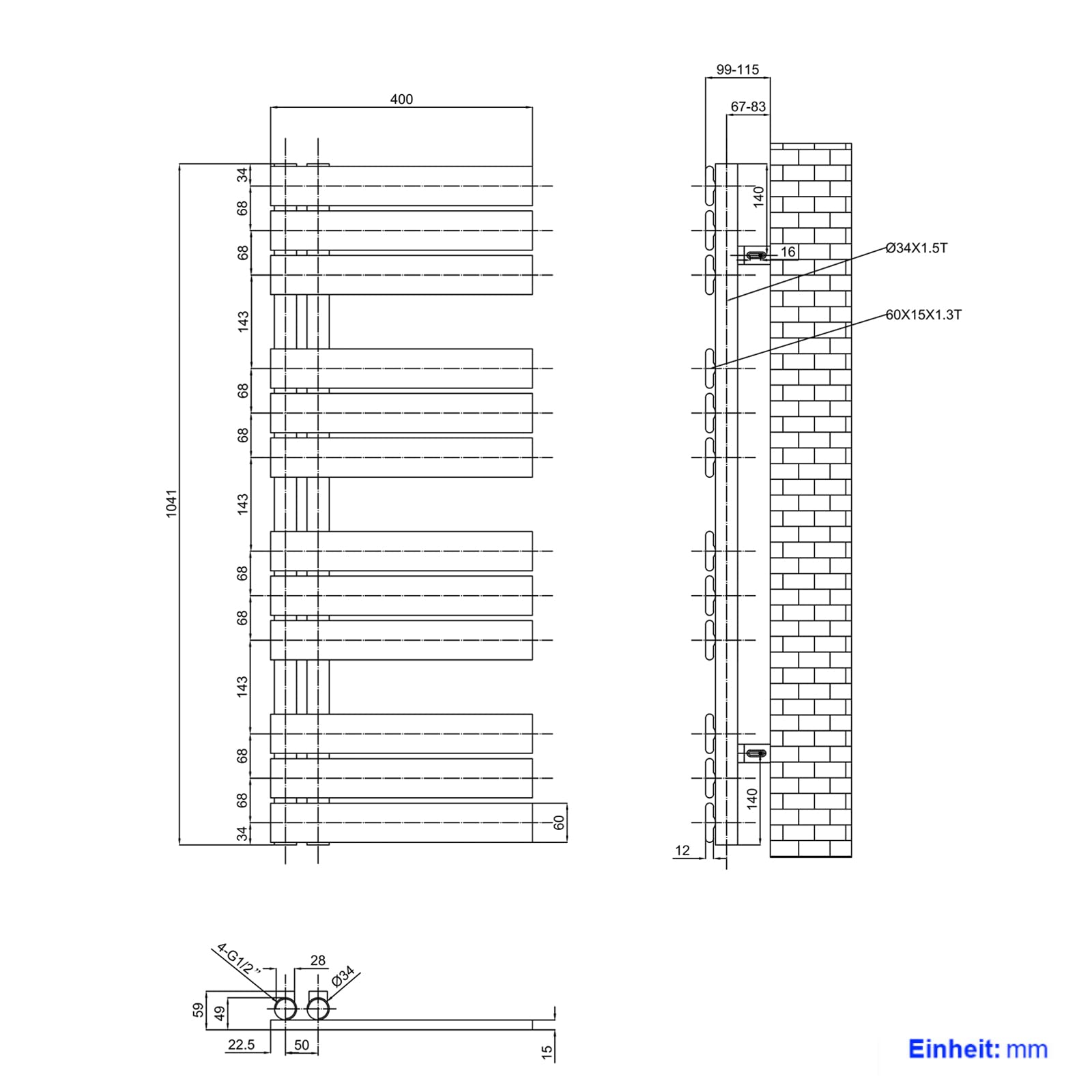 EMKE Scaldasalviette termoarredo piatto, Termoarredo da Bagno, 1041 x 400 mm, Antracite colore, collegamento laterale, 456W, radiatore scaldasalviette ad acqua calda
