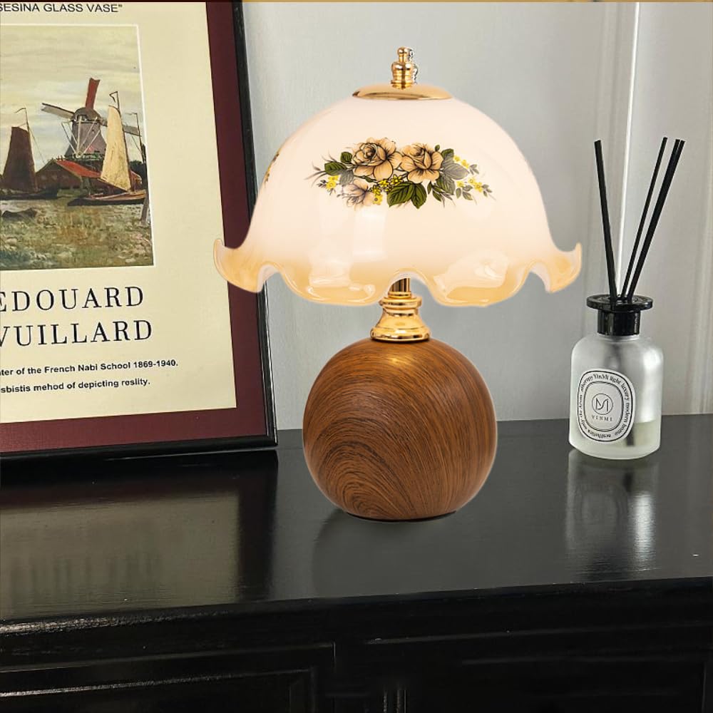 XINYASEE Vintage-Tischlampe mit Holzfuß und floralem Glasschirm, Retro-Nachttischlampe für Schlafzimmer, Wohnzimmer, Büro, Mid-Century-Modern-Dekor (A)