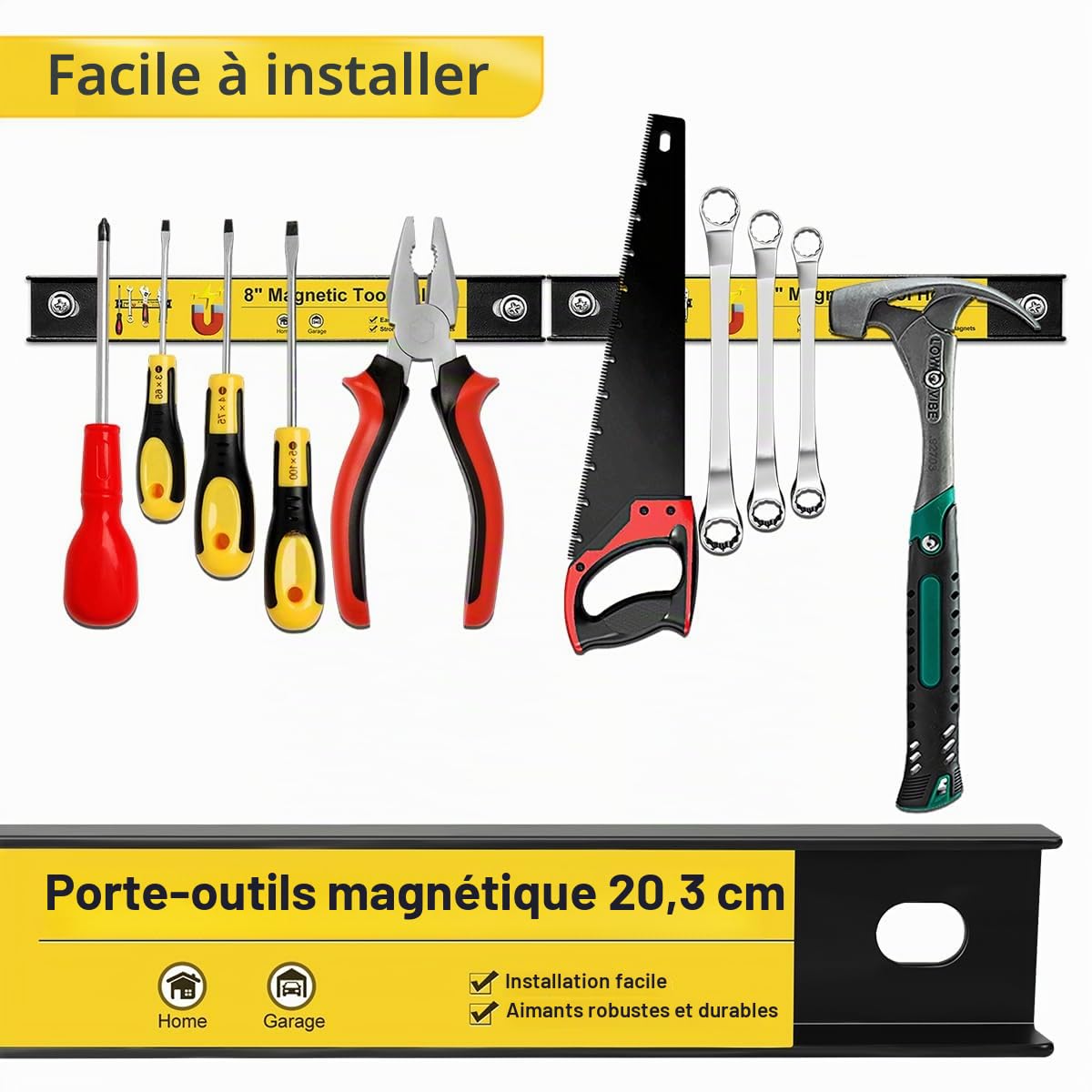 Lot de 4 porte-outils magnétiques de 20,3 cm - Bandes magnétiques robustes - Barre d'outils magnétique - Pour garage, mur, établi, tournevis, clé