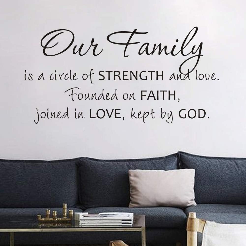 Wall Vinyl Decals Quotes Inspirational Sticker Living Room Decor,Our Family is a Circle of Strength and Love Founded on Faith Joined in Love Kept by God 25×12In