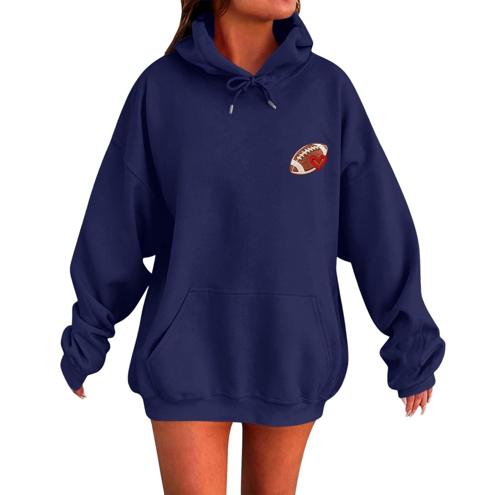 Generisch Pull à capuche à motif losanges pour femme avec broderie - Sweat à capuche décontracté à manches longues pour fans de football
