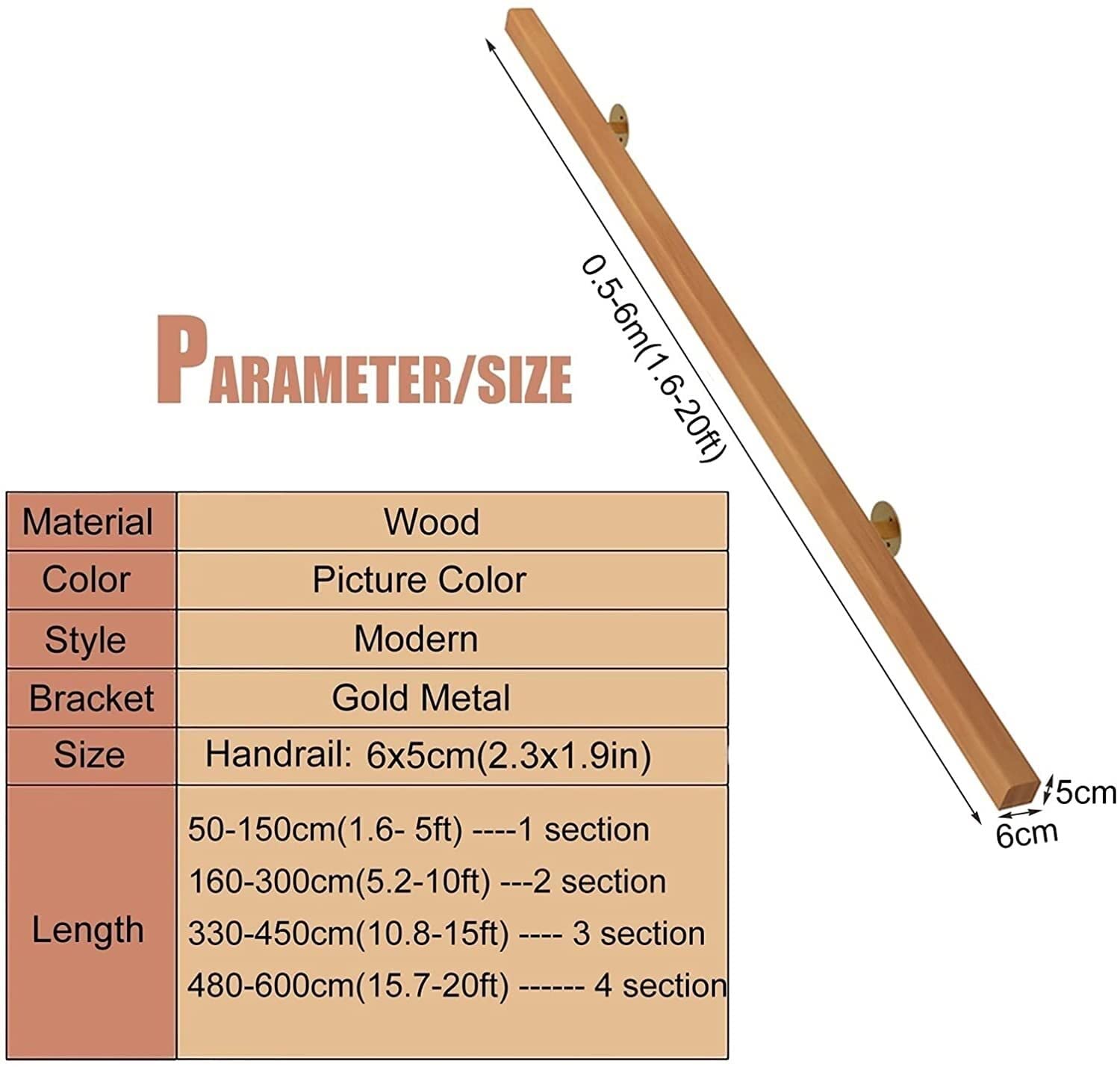 X&Z-XAOY Holzhandläufe Für Treppen Mit Goldener Halterung, Rutschfestem Haltegriff Für Ältere Menschen/Behinderte An Der Wand Befestigter Moderner Quadratischer Treppenhandlauf (Size : 2m(6.5ft))
