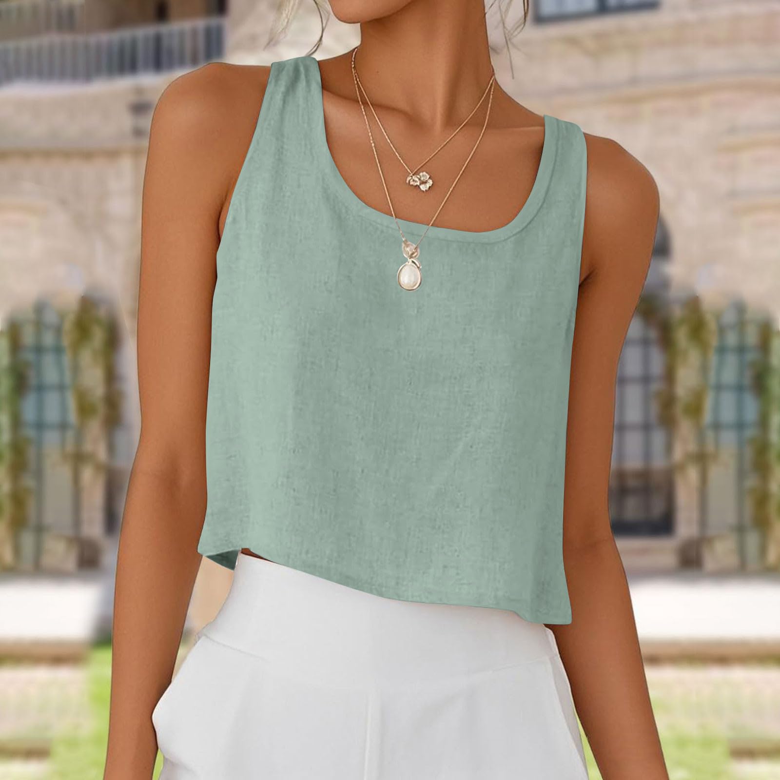 Womens Summer Tops Dressy Casual Cotton Linen Button Decor Crop Tank Tops Loose Scoop Neck Sleeveless Cropped Tshirts Green