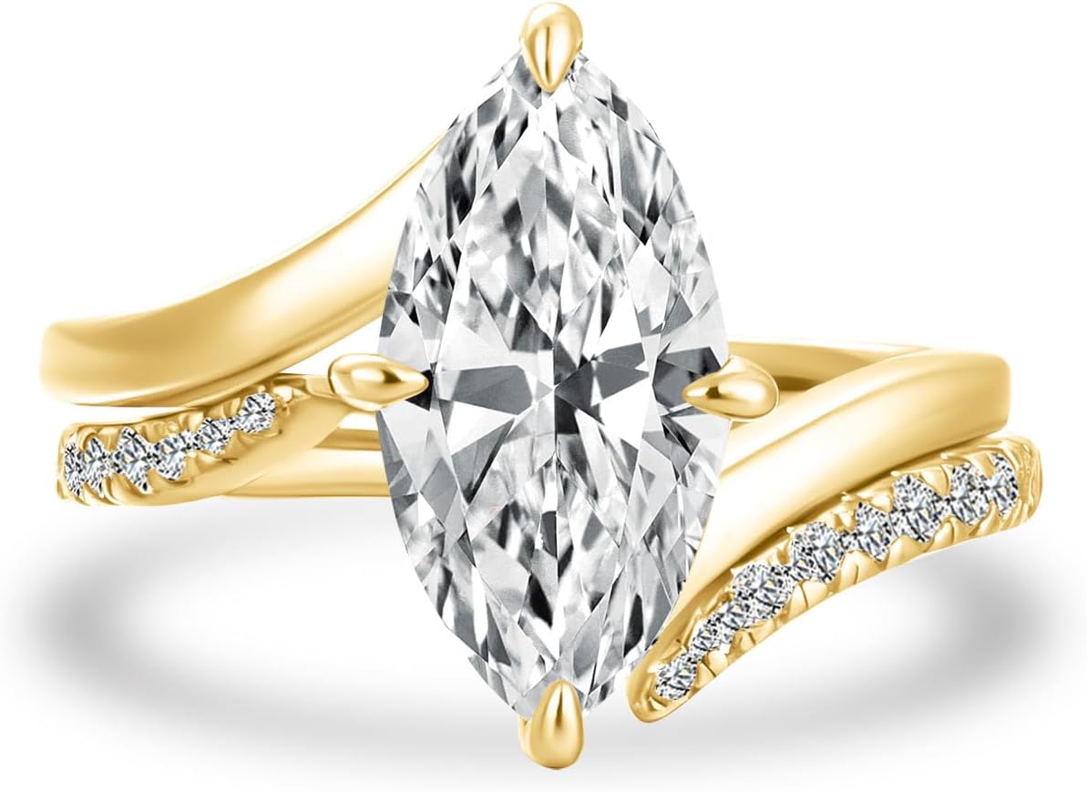 3 Carat Marquise Wedding Ring Set for Women,925 Sterling Silver 4 Prong Engagement Ring with Unique Wave Open Matching Wedding Band Bridal Set for Travel,Daily