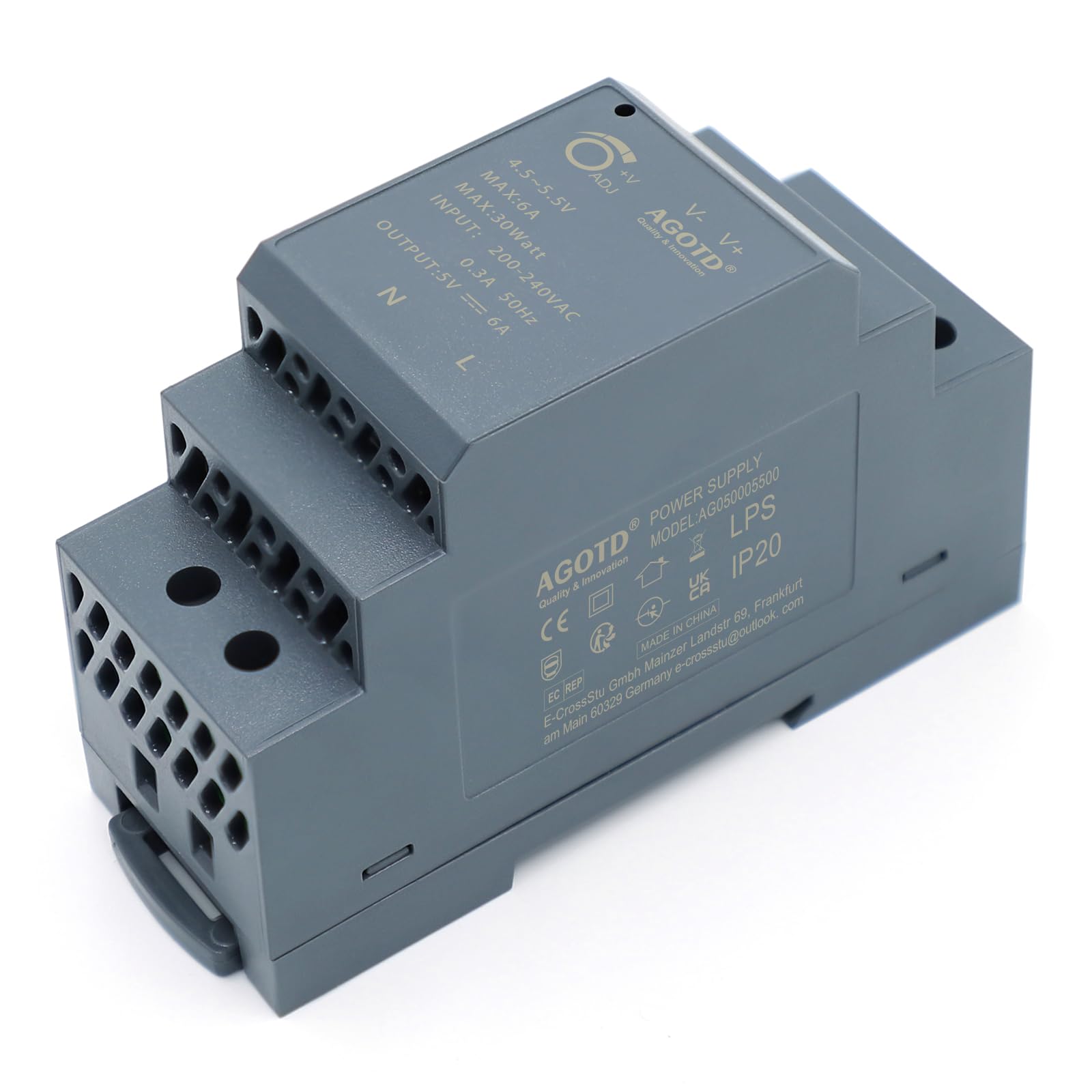 Hutschienen-Netzteil 5V DC 6A 30W DIN-Rail, DIN-Schienen-Netzteil, DIN-Schienen-Transformator, AC 200-240V Ausgangsspannung Einstellbar, Schwarz