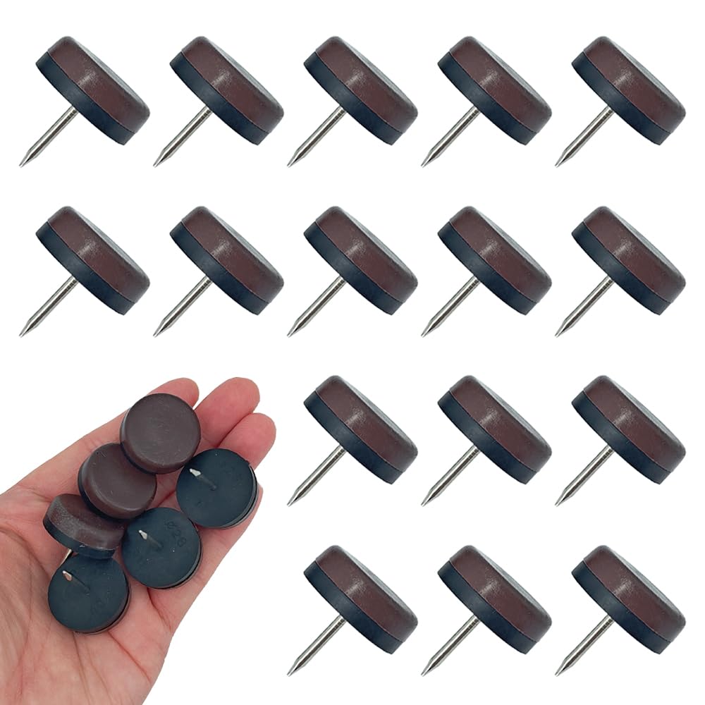 Acoeitl 16pcs Nail on Furniture Glides 1.1 Inch (28mm) Diameter Double Thick Nylon Brown Chair Leg Floor Protectors Furniture Sliders Pads Table Foot