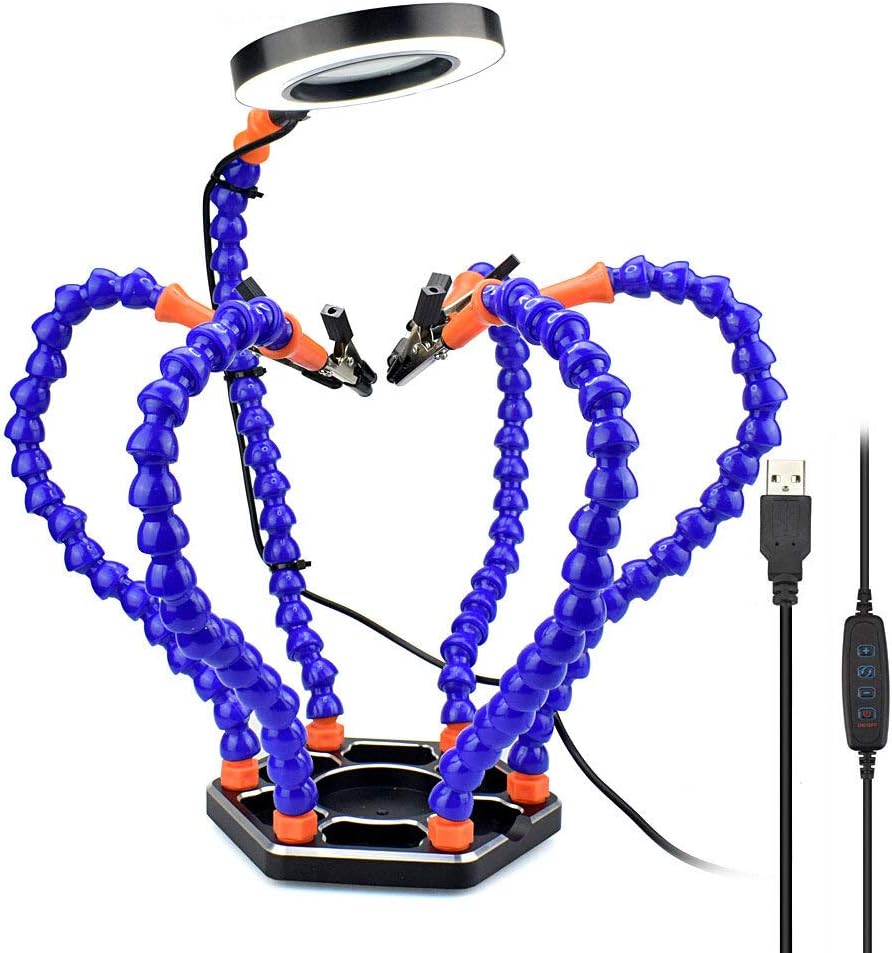 Soldering PCB Holder Tool Six Arms Helping Hands Third Hand Crafts Repair Helping Welding Station USB LED Magnifier
