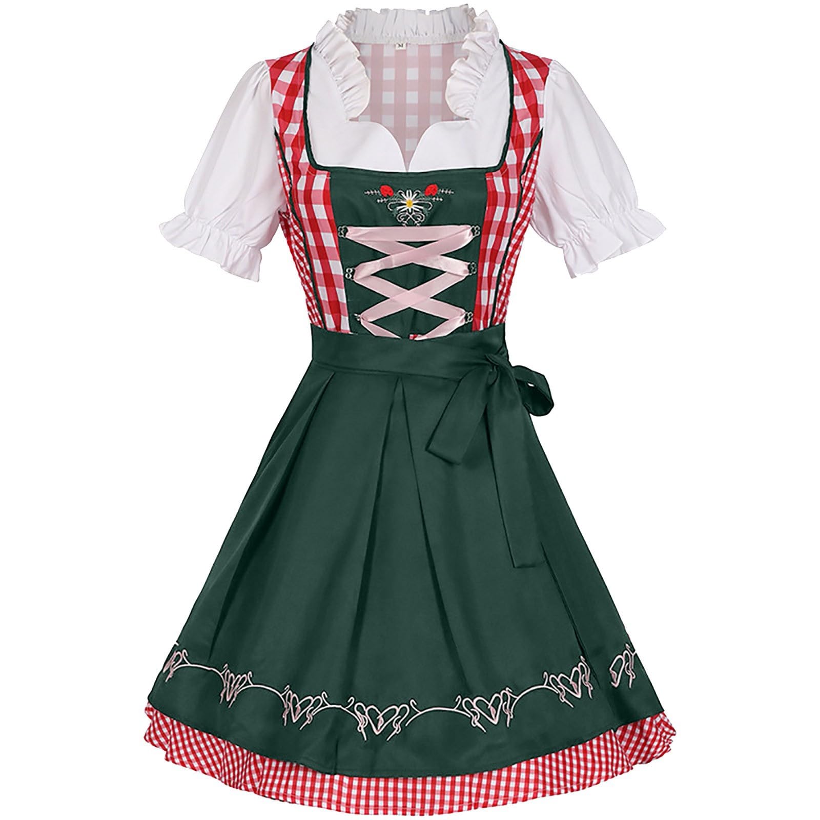 Women Dirndl Dress Oktoberfest Costume German Dirndl Dress 3 Pieces Plaid dirndldress with Apron Fancy Midi Skirt Oktoberfest Outfit Bavarian Costumes for Bavarian Beer Carnival Party
