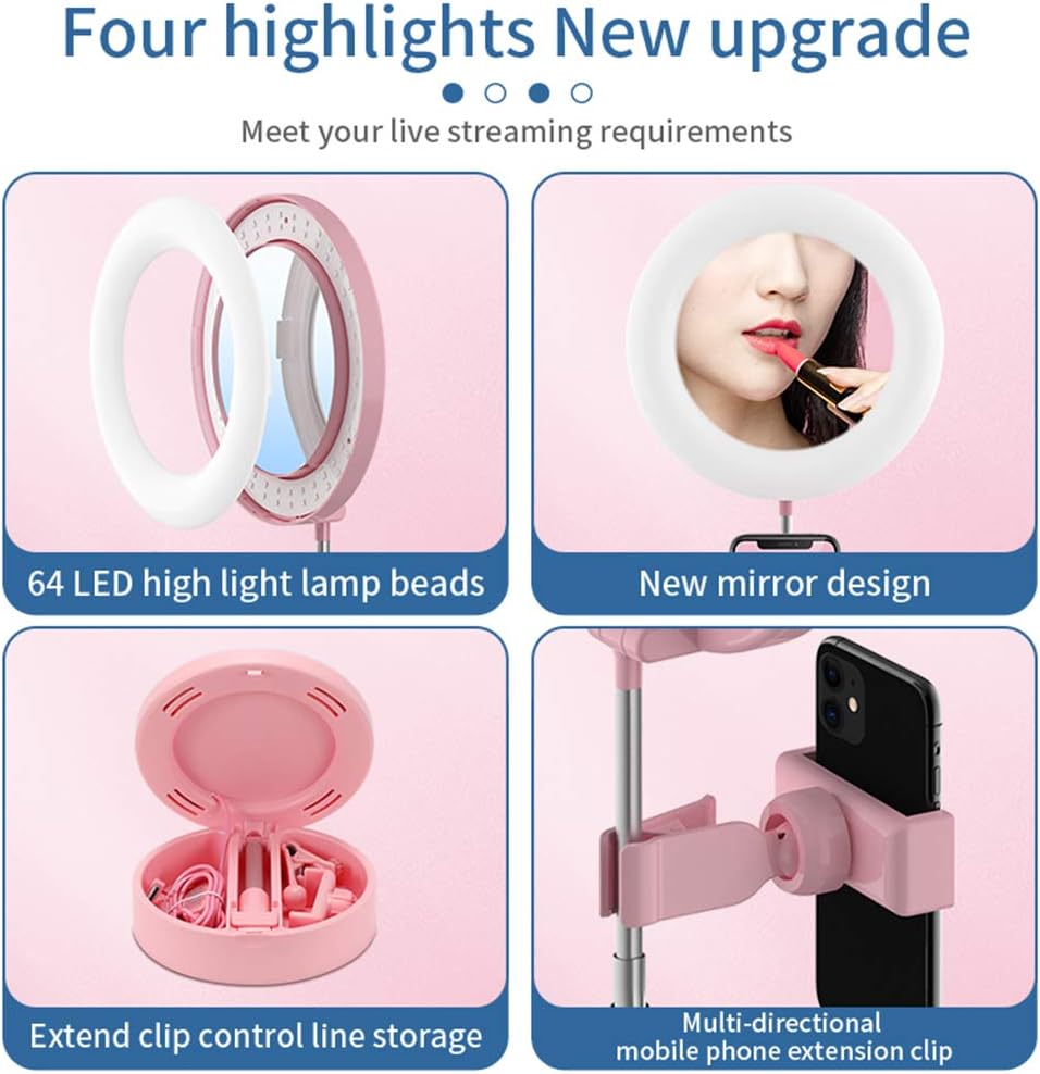 NeotrixQI Selfie Ring Light with Phone Holder, Foldable LED Desk Lamp Dimmable Phone Make Up Ringlight Stand Extendable Makeup Mirror TIK Tok YouTube Video Vlog Recording Photography Tiktok Live Stream (Pink) (G3)