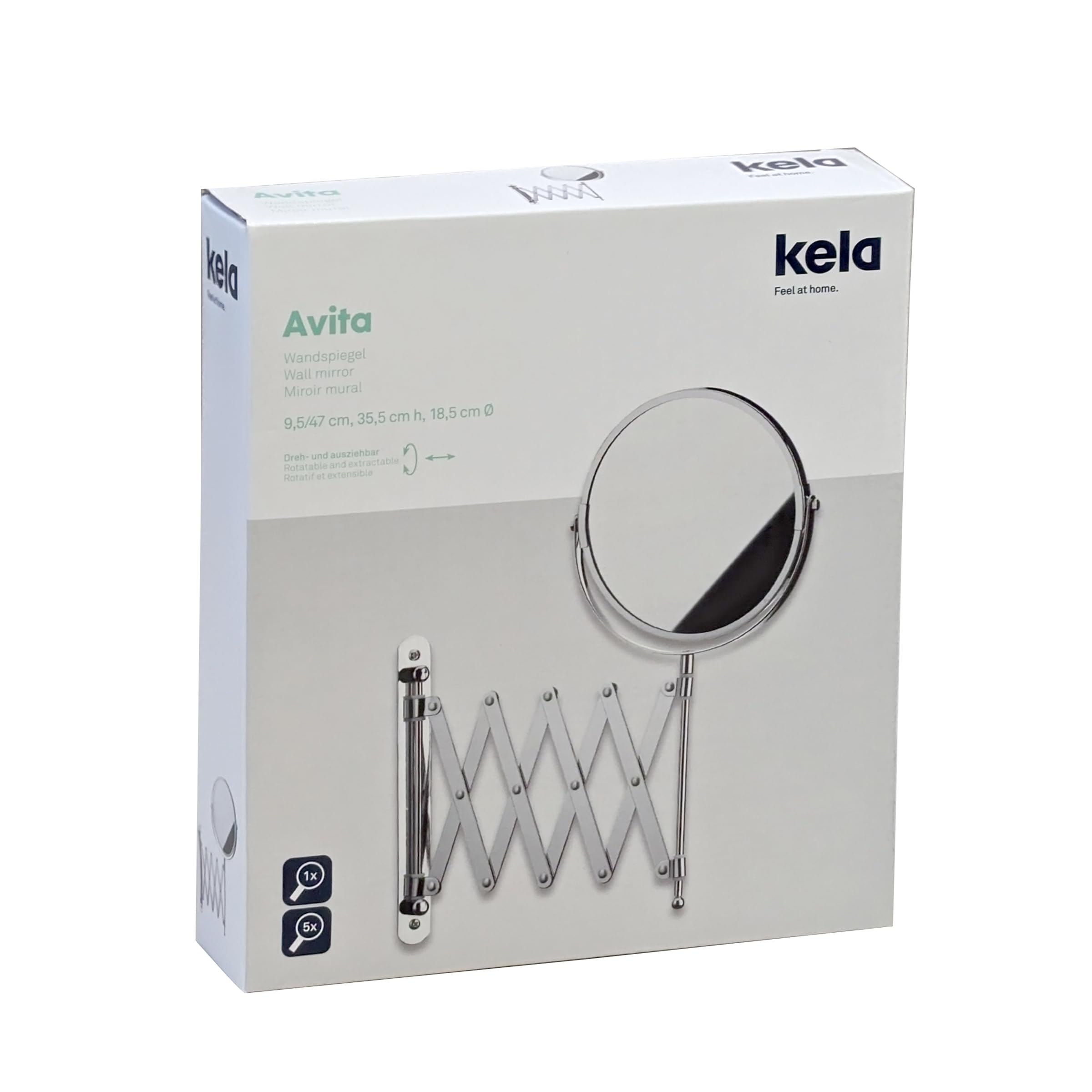 kela Lustro ścienne Avita, Ø 18,5 cm, metalowe, srebrne błyszczące, wysuwane, 1/5-krotne powiększenie, 20847