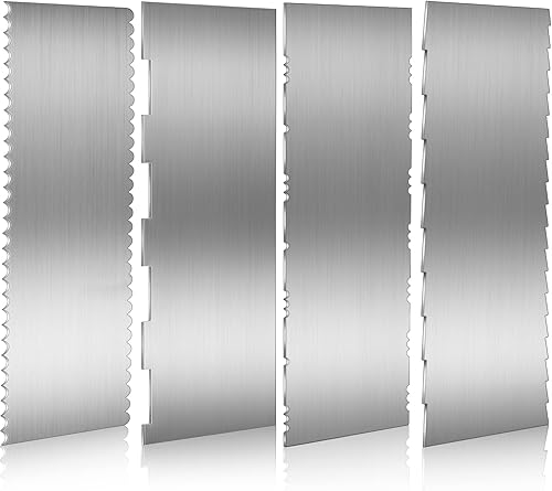 4 piezas de rascador de pasteles de acero inoxidable de 9 pulgadas, grande, doble cara, borde de rayas, raspador más suave, peine para decoración de