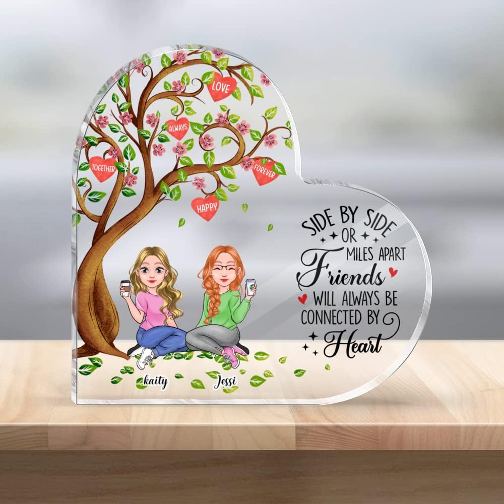 GOSSBY Transparent Custom Plaque (2 Girls) Side by side or miles apart, friends will always be connected by heart Sister Gift Acrylic Heart Keepsake Paperweight Heart Plaque Christmas Memory Birthday