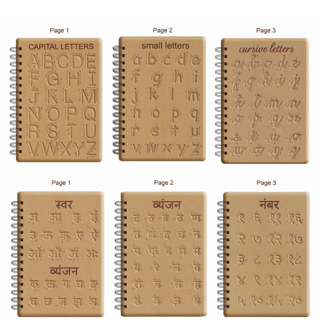 OMNY Montessori Alphabet Tracing Board with Magic Pens for 2+ Years|Educational Puzzle toy (Combo Of 2 Board of English and Hindi Alphabet and Number)|English Capital Alphabet Capital,Small and Cursive Letters|Hindi Varanmala and Hindi Numbers|2 magic Pens and 10 refills|Handwriting Practice