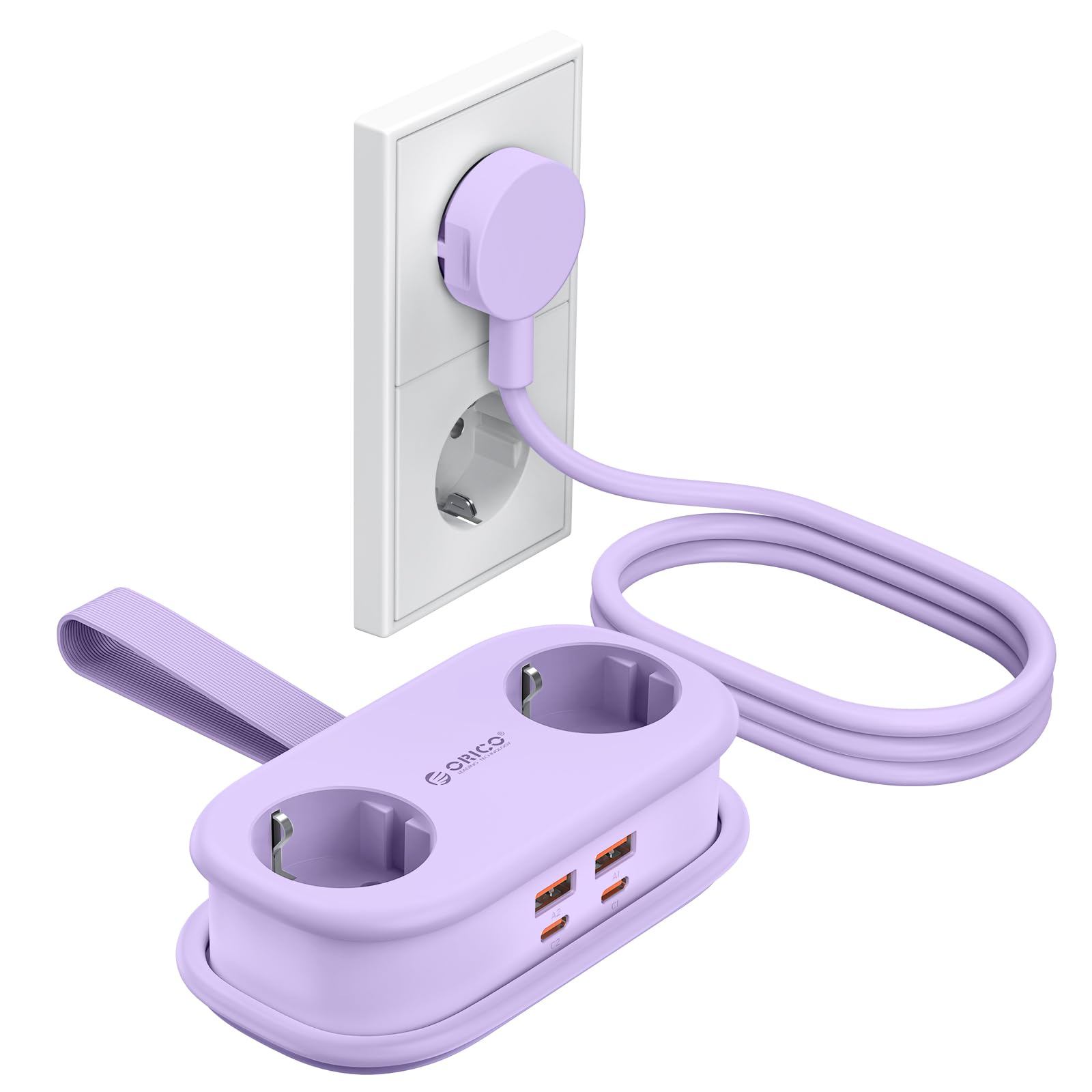 ORICO 65W GaN Reise-Mehrfachsteckdose mit USB C, 6-in-1 Schnelllade-Steckdosenleiste mit 4 USB, Mehrfachstecker 1,6m aufnehmbares Verlängerungskabel für MacBook, iPad, Handy, Reisen - AP3 Violett
