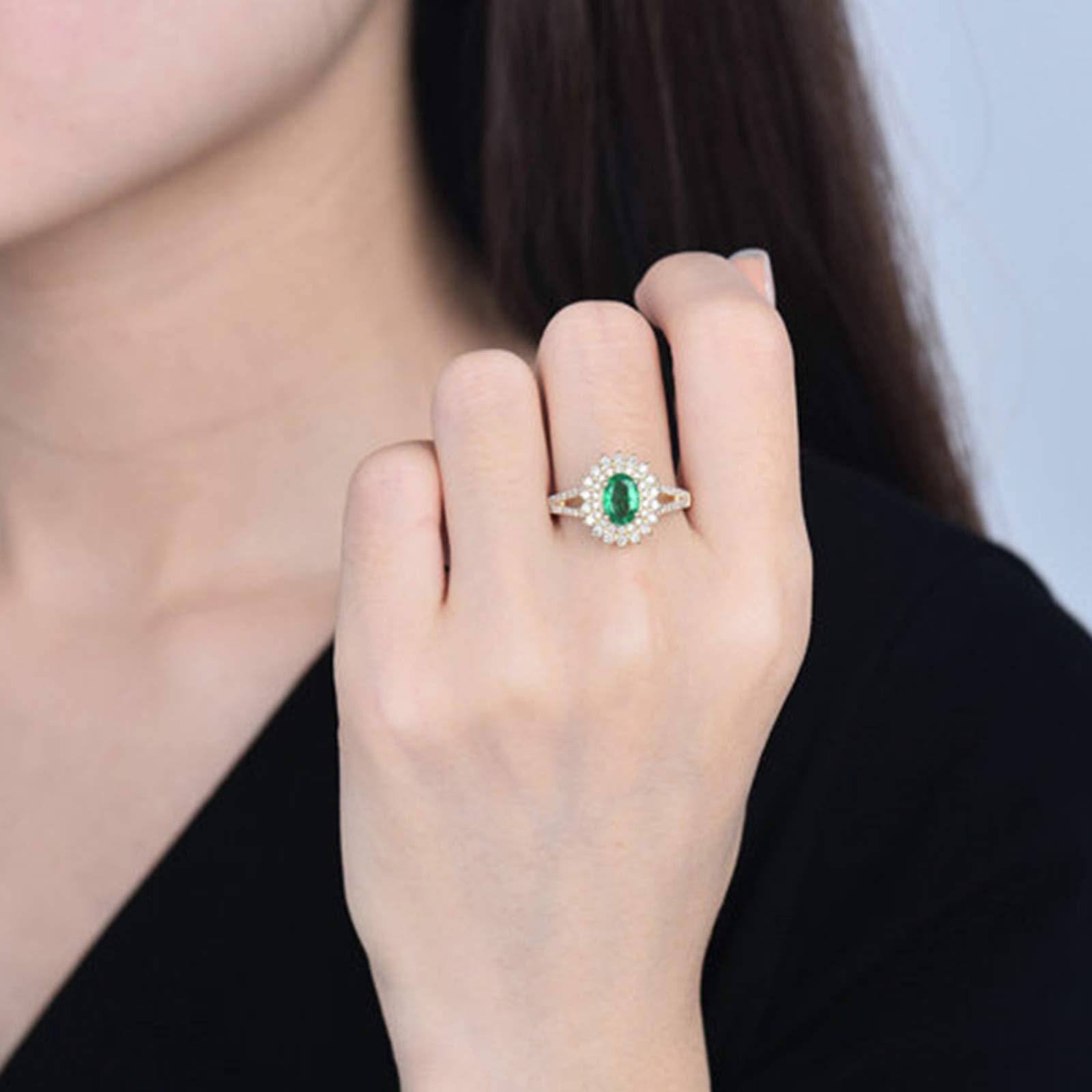 18K(750) Weißgold Ringe Frauen, 0.65ct Smaragd Ehe Ring mit Gravur mit Diamant Ringe Party Reise Schmuck Größe 45 (14.3)-70 (22.3)