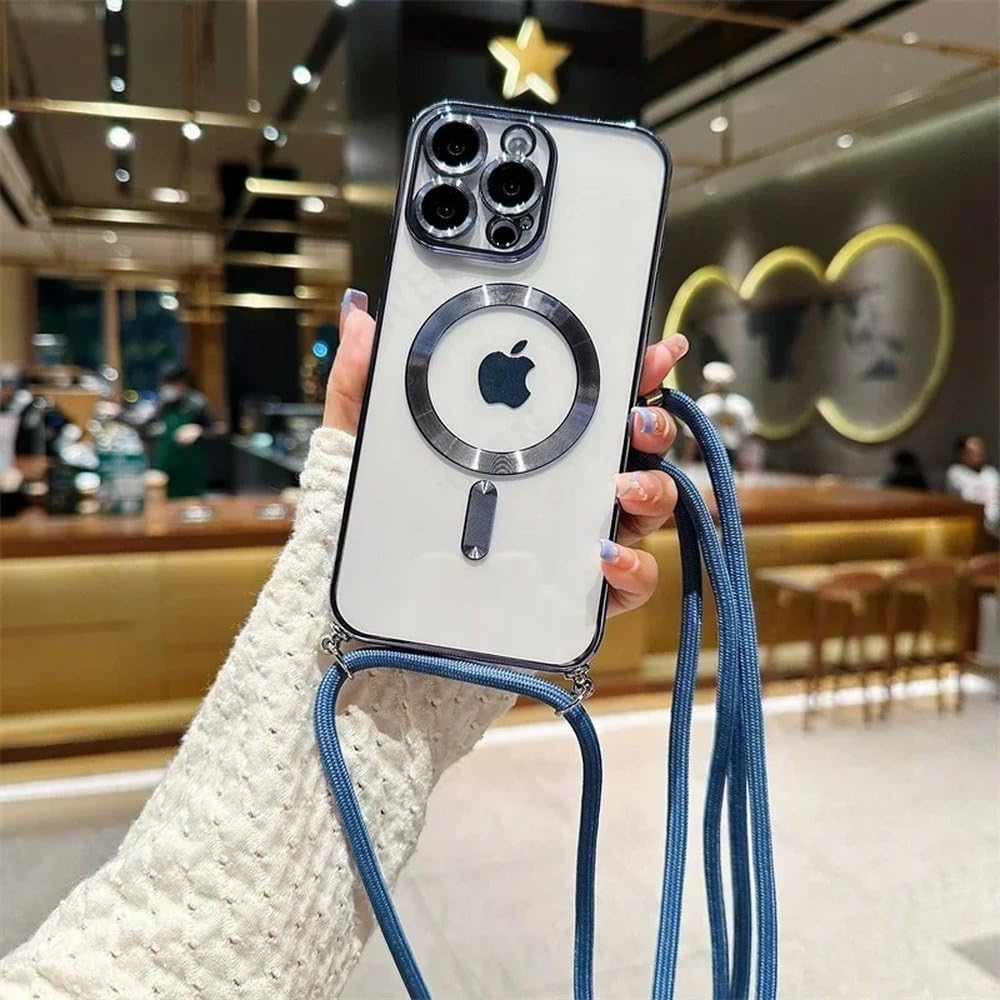 Étui magnétique transparent avec lanière bleu pour iPhone 16 Pro Max - 8