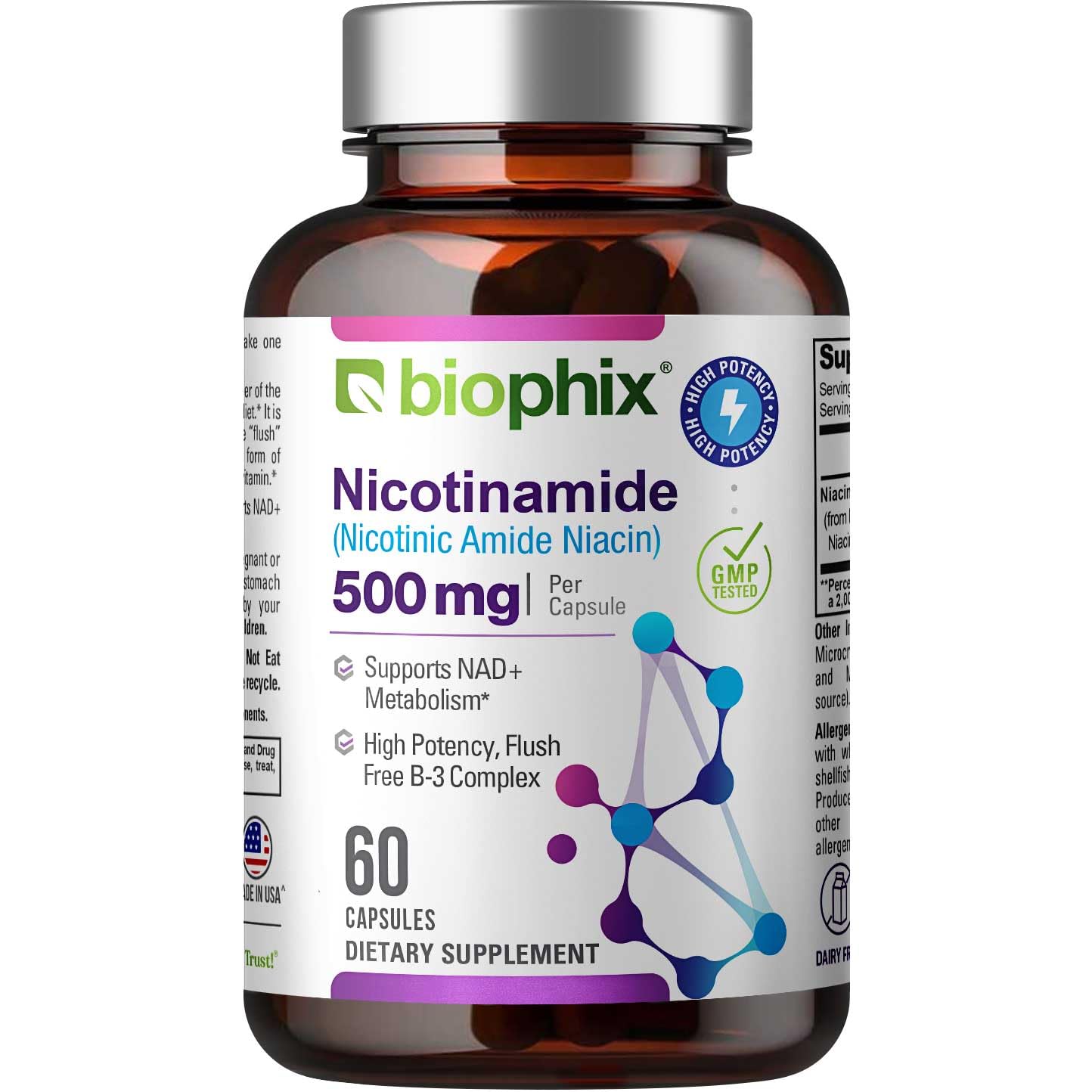 biophix B-3 Nicotinamide 500 mg 60 Caps - Nicotinic Amide Niacin Natural Flush-Free Vitamin Formula - Supports Skin Cell Health