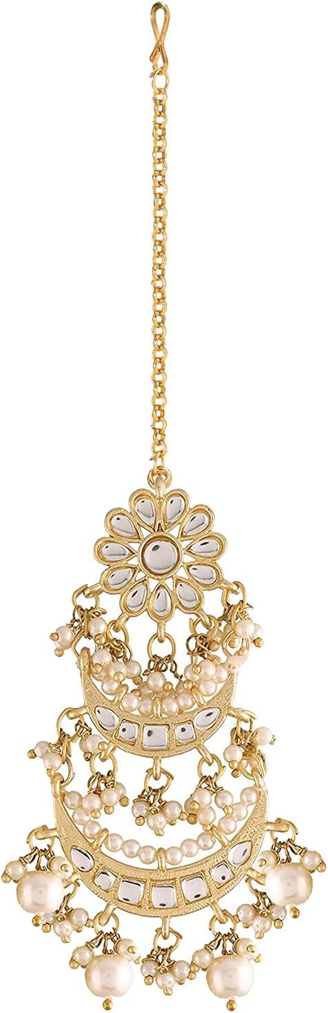 I Jewels Gold Plated Indian Wedding Bollywood Pearls Kundan Studded Maang Tikka for Women (T2872)