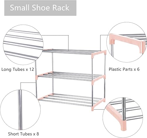 Miniatura 5 de Zapatero pequeño, organizador estrecho apilable para zapatos, para entrada, puerta y armario de dormitorio (3 niveles, rosa)