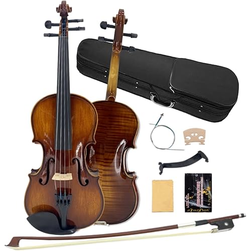 Violin 4/4 full set for Beginners, Adults, Students, Aged Spruce Maple Solid Wood Fiddle, Ebony fittings with Hard Case, Shoulder Rest, Bow, Tuner, Extra Strings (brown, 4/4 Full Size)