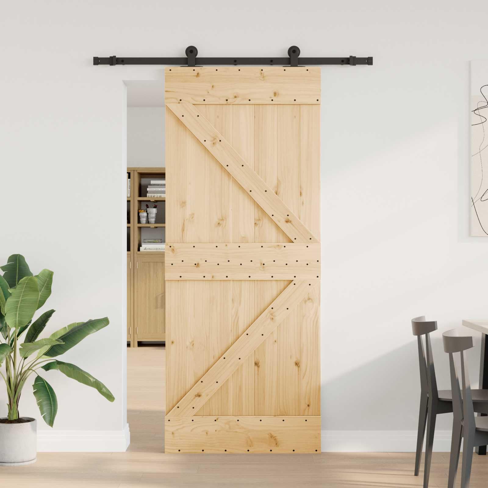 Narvik - Porta scorrevole in legno di pino massiccio, 152,5 x 210 cm, divisorio in design industriale, porta scorrevole salvaspazio per interni, colore nero