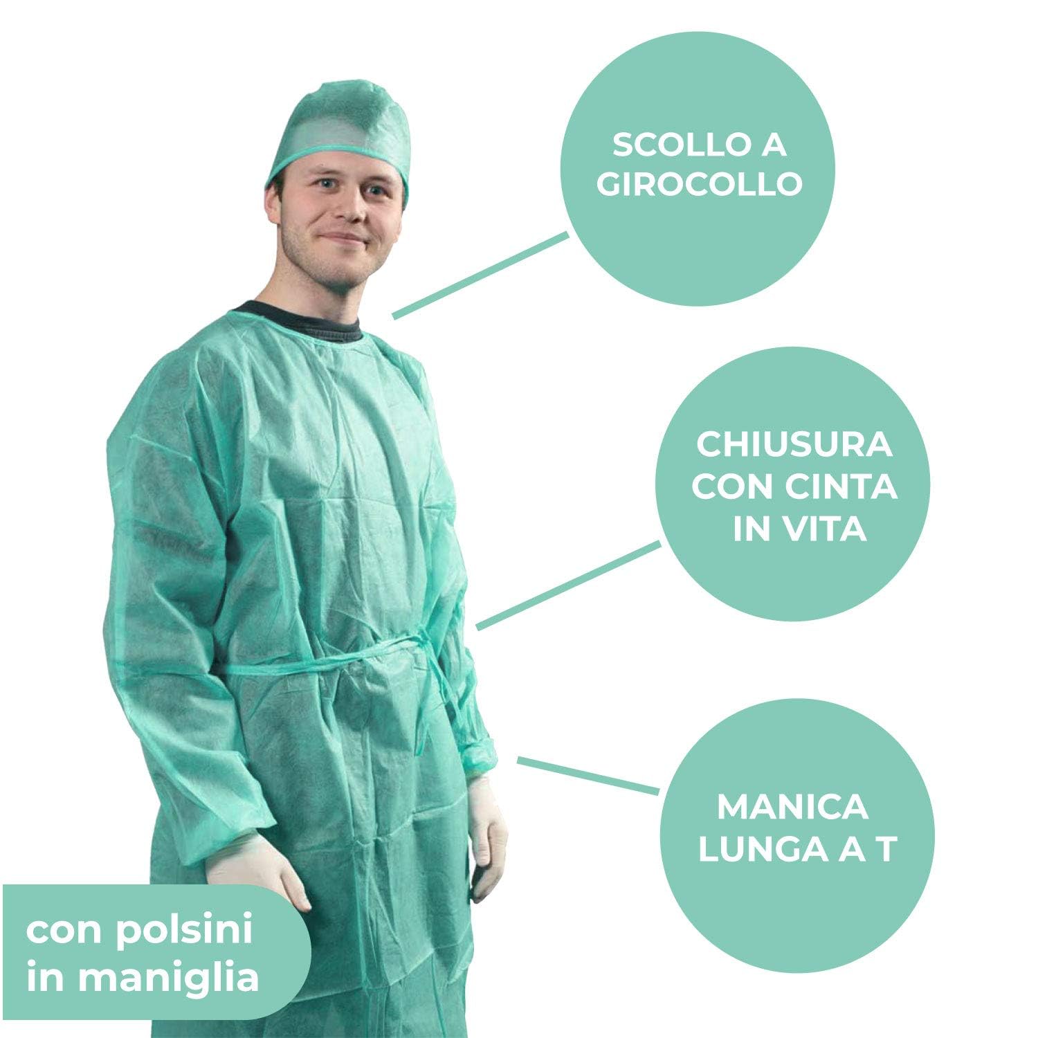 Camice Monouso Verde TNT 25 gr DM CLASSE I usa e getta per Visitatore Paziente